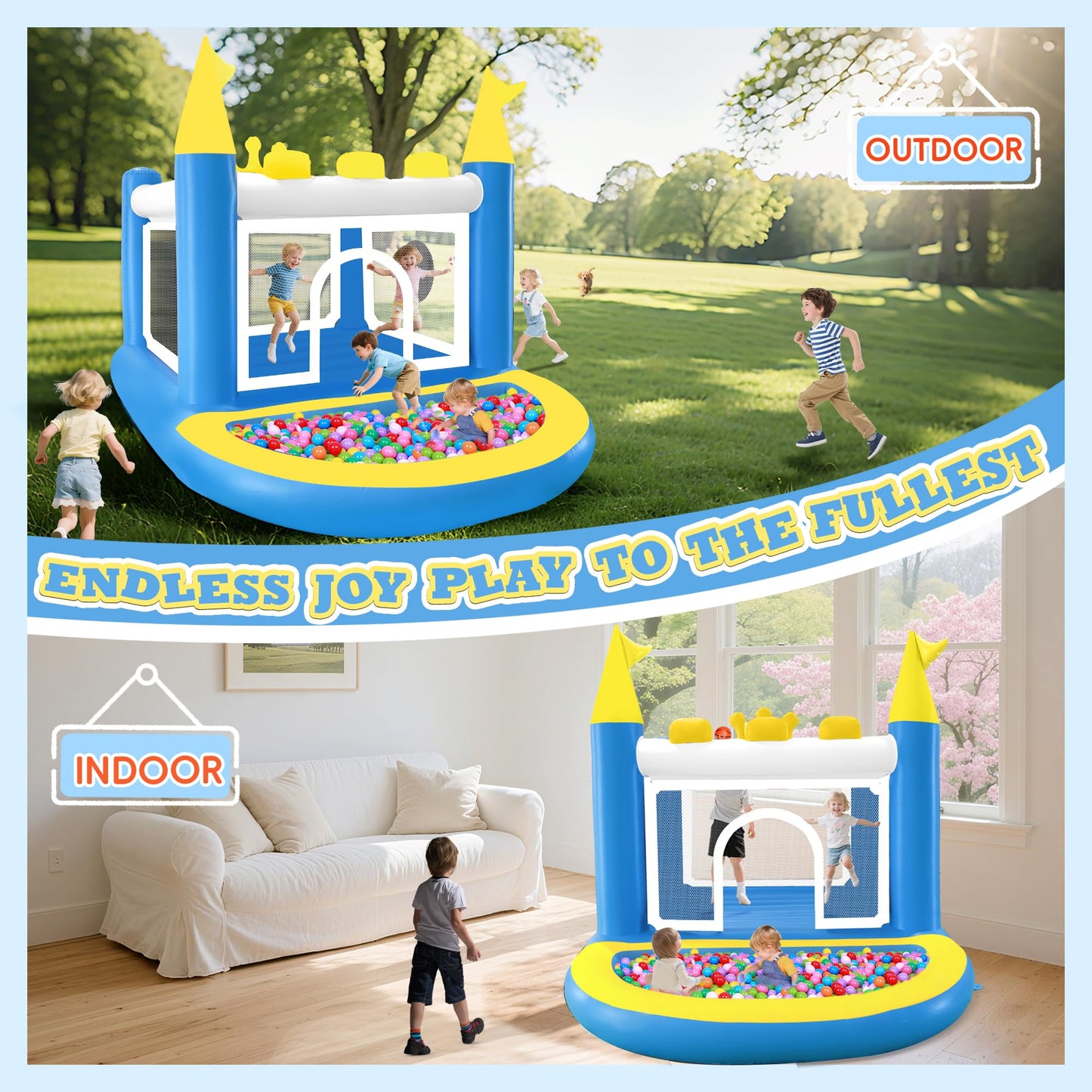 Ytonisld Mini Inflatable Bounce House with Ball Pit, 5 in 1 PVC Kids Bouncy Castle with Electric Air Pump, Small Crown Jump House for Kids Ages 3-8, Toddlers Playhouse Bouncer, Indoor/Outdoor