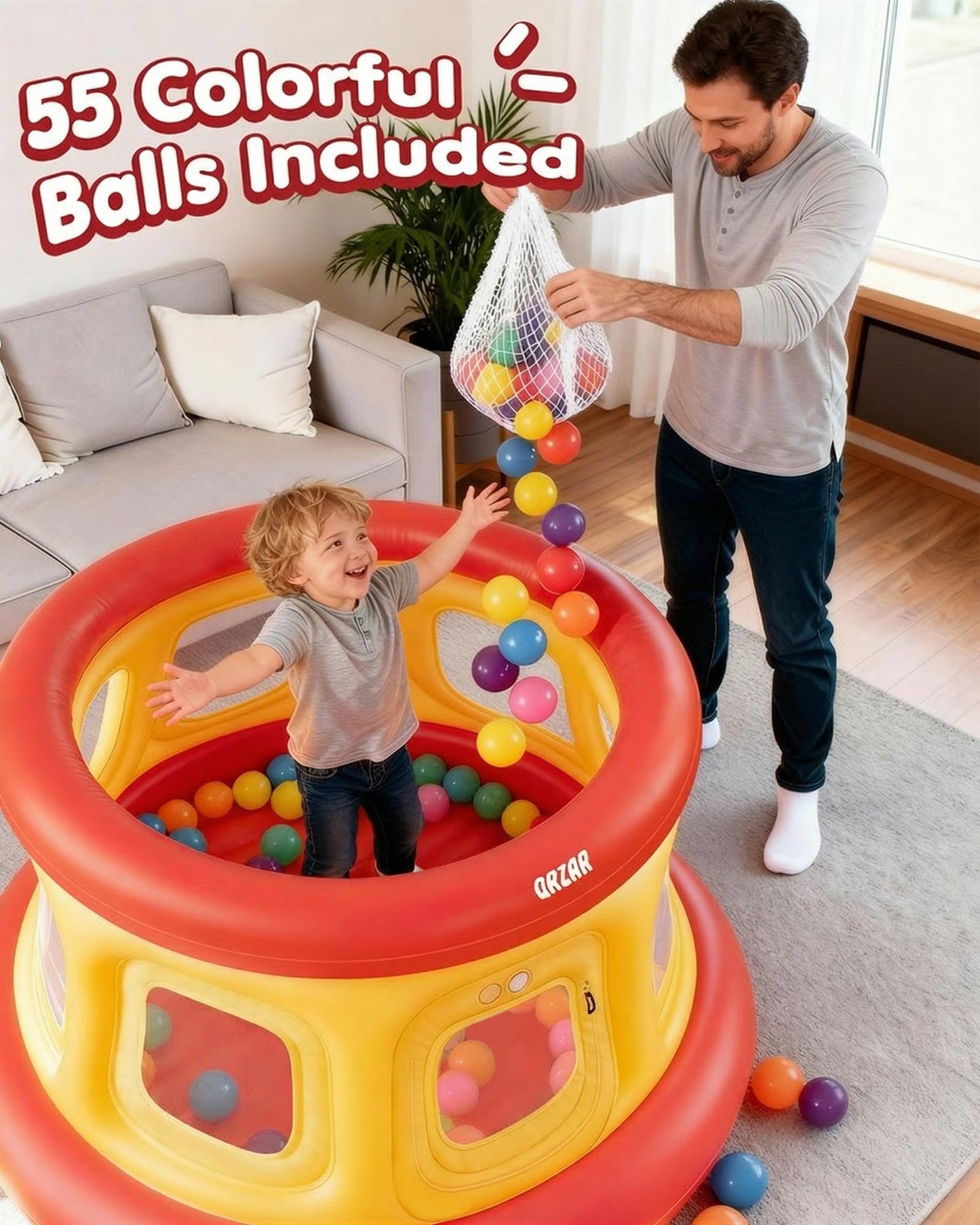All-in-1 Inflatable Bounce House with 55 Balls for Toddlers 1-3, Playpen, Ball Pit and Trampoline, Thickened Matte PVC, Safety Net, 3-Min Setup with Air Pump for Kids Indoor and Outdoor Play(51'')