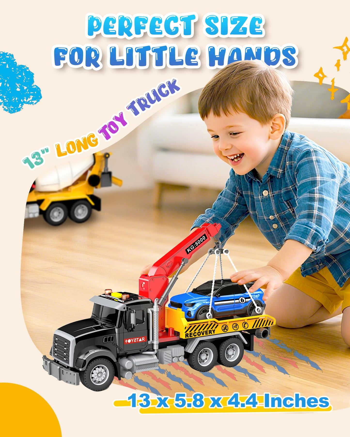 Noaln Kids Toys for 3 4 5 6 7 Years Old Boys, 15" Large Tow Truck Toy, Friction Powered Transport Toy Trucks with Lights and Sounds, Birthday Gifts for Boys & Girls with Racing Car