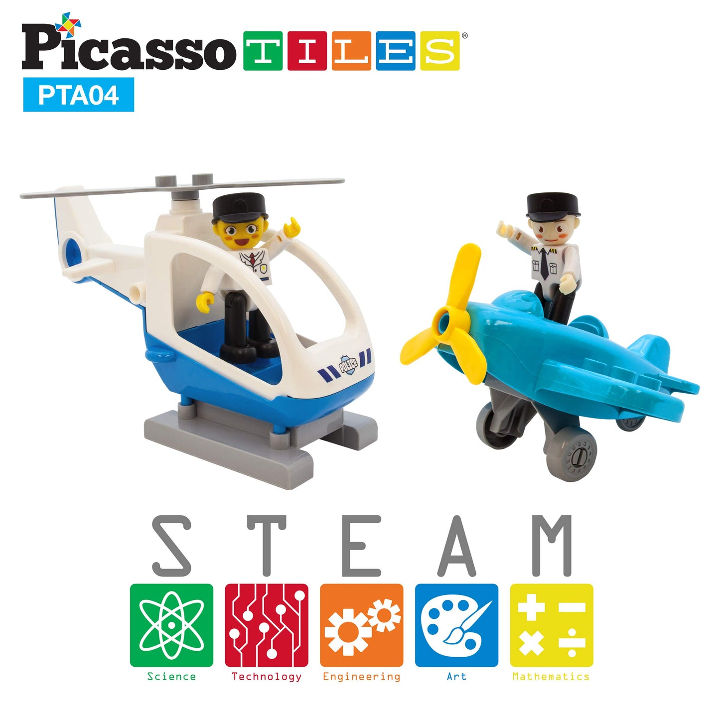 PicassoTiles Magnetic Figures 4 Piece Aircraft and Action Figure Magnet Airplane and Helicopter Expansion Pack Toddler Toy Set Educational Learning Kit Pretend Playset for Construction Building Block
