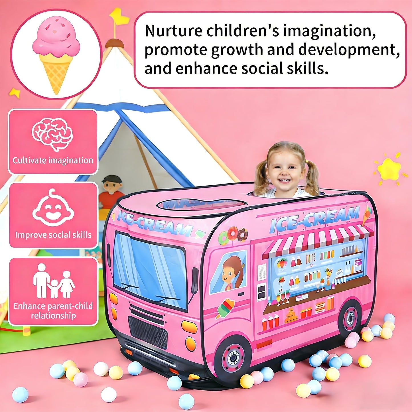 DOOLMIN Pop Up Play Tent for Kids - Foldable Indoor & Outdoor Playhouse Vehicle Toys for Toddlers, Boys and Girls - 2 Openings, Flat-Folding for Compact Storage(Ice Cream Car,Pink)