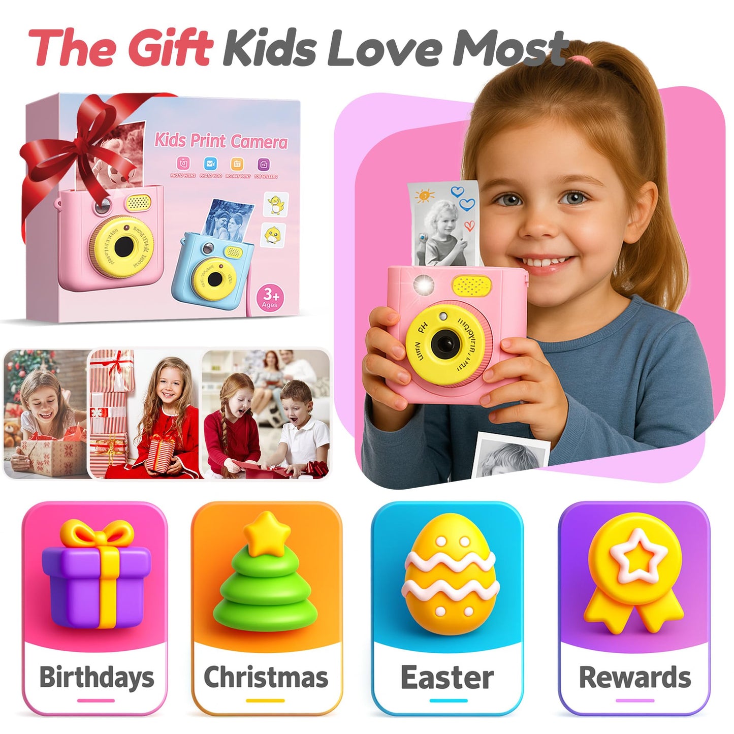 ROHSCE Instant Camera for Kids, Digital Print Camera 48MP 1080P, Color & B&W Printing, 2.4" Display, USB-C Rechargeable, 32GB Card, Christmas & Birthday Gifts for 3-12 Year Old Girls Boys (Pink)