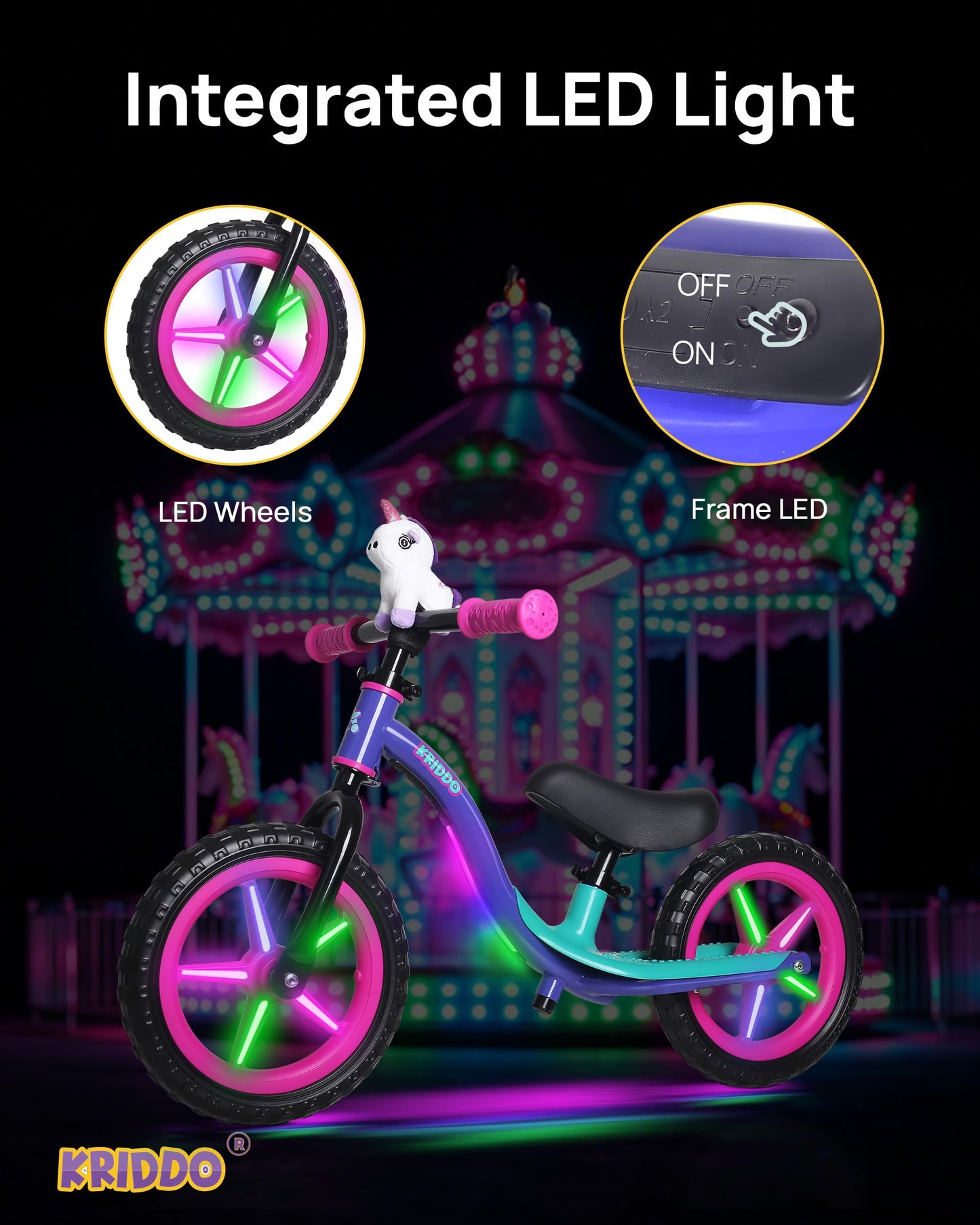 KRIDDO Toddler Balance Bike 2 Year Old, Colorful Lighting Kids Balance Bike for 2-5 Years Old, 12 Inch Balance Bicycle with Riding Buddy, Tool-Free, Adjustable Seat, Handlebar, Gift for 2-3 Girls Boys