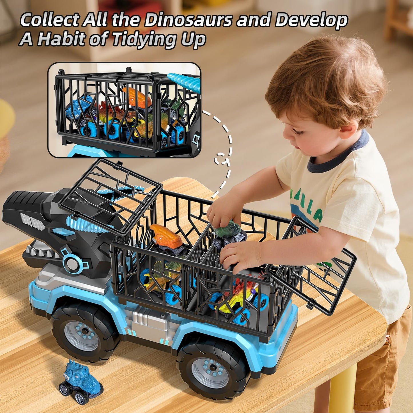 Guminnara Toddler Robot Dinosaur Truck Toys for Kids Boys Ages 3-5 5-7, Black Carrier Dinosaur Truck with 5 Pull Back Dino Cars, 3 4 5 6 7 Years Old Boys Girls Birthday