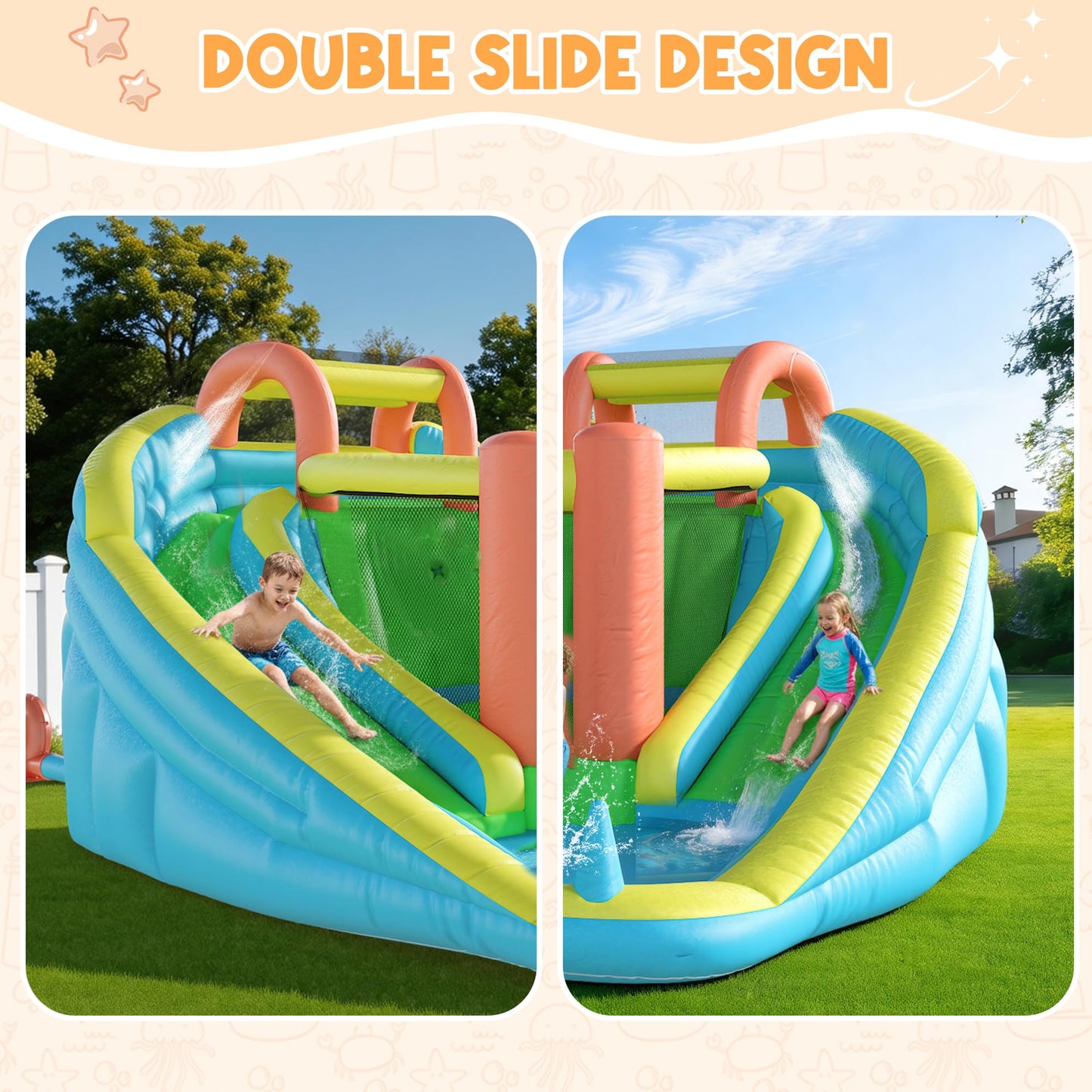 HOMMOW Inflatable Bounce House with Double Slide, Bouncy Castle for Kids 3-12 with Blower, Water Cannon, Football Net, Jumping, Climbing Wall, Basketball Hoop, Backyard Water Park for Kids