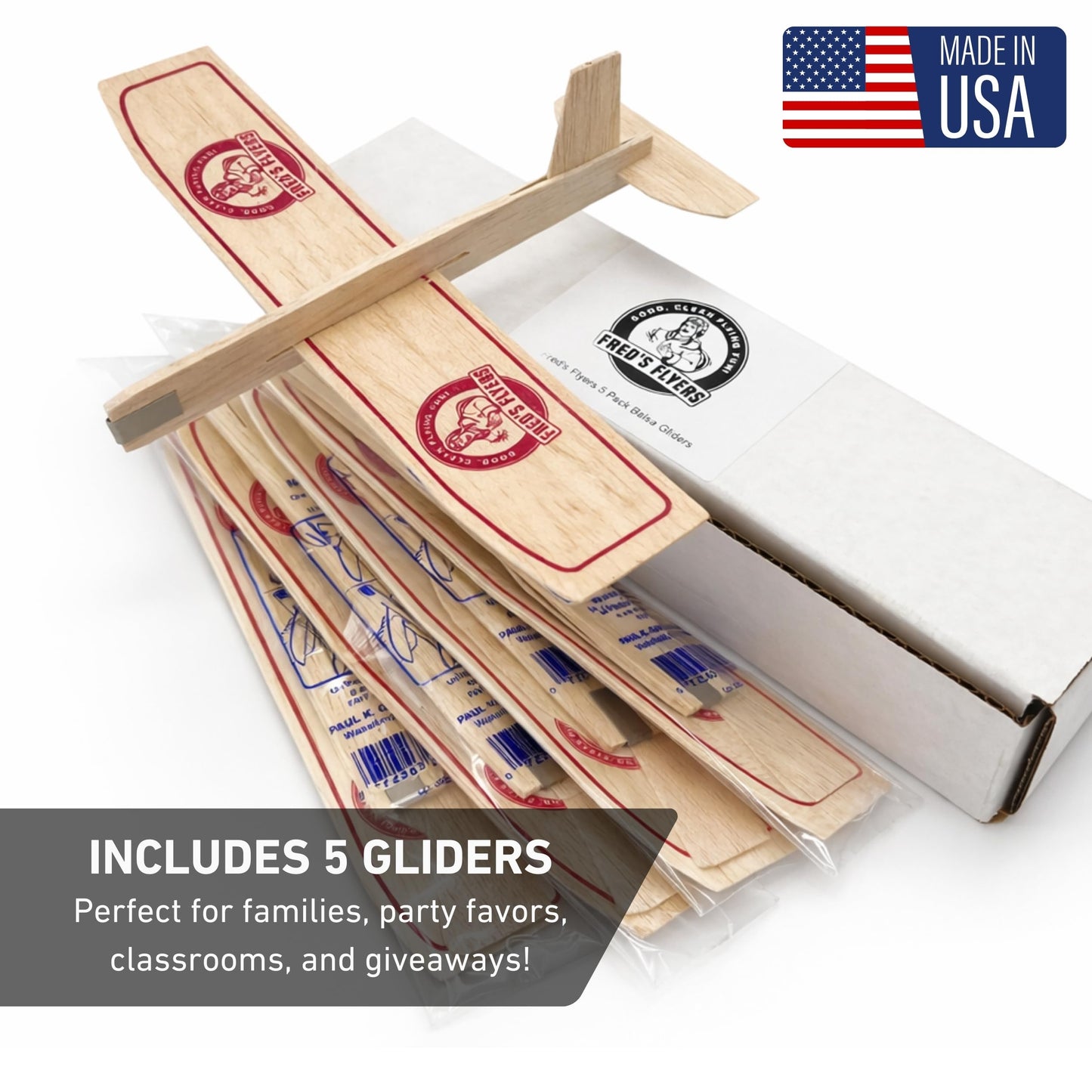 Fred's Flyers Balsa Wood Airplane Kits - 5-Pack - USA Made Wooden Glider Toy Planes for Kids