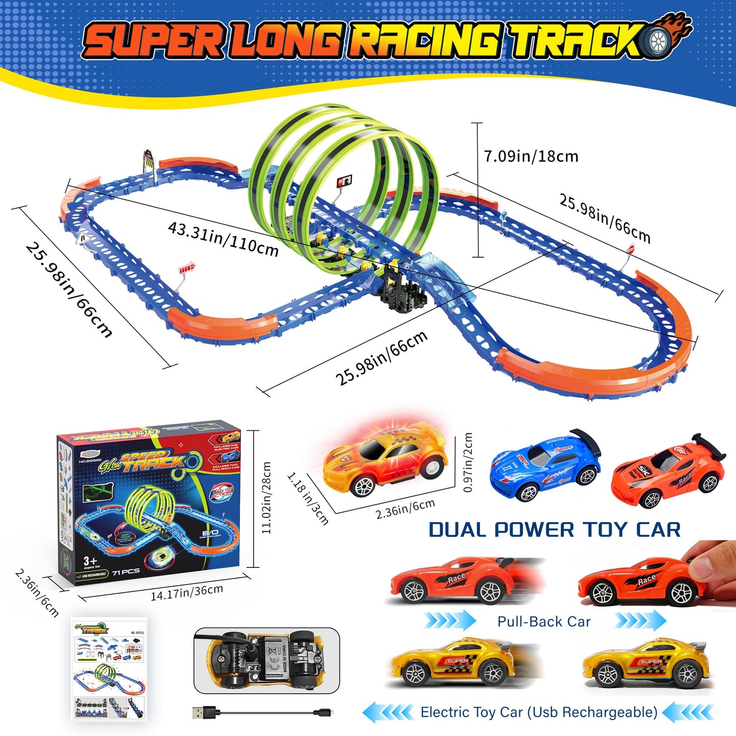 Glow Slot Car Race Track Set, 71 Pcs Glow-in-The-Dark Track Toy for Kids Ages 3-8, Electric Speed Car Light-Up Whole Tracks, 360° Magic Triple Loops, 1:64 Scale Pull-Back Cars, Toy Gift for Boys Girls