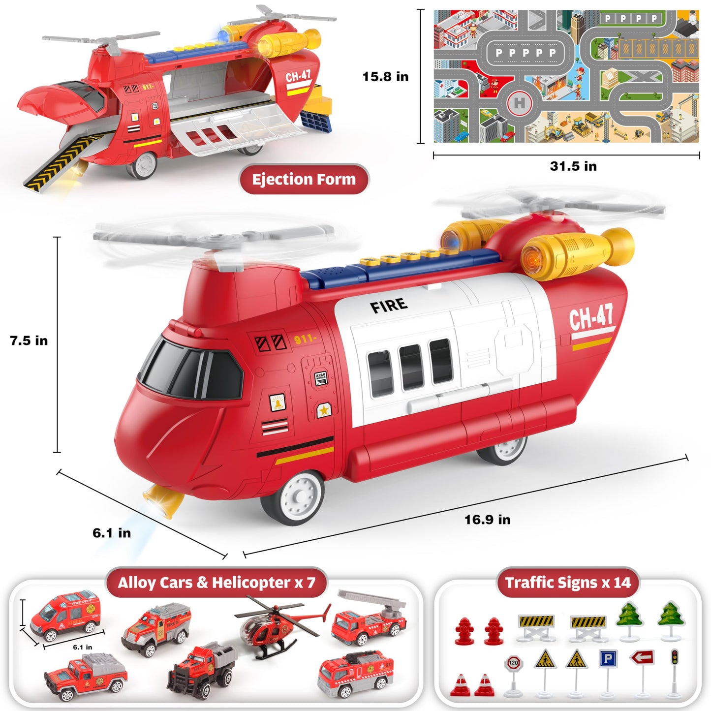 Transport Airplane Toy with 7 Rescue Vehicles/helicopter,1 Play Mat,14 Road Signs,Dual Form Airplane Toy Set with Lights and Sounds,Automatic Propellers, Cars Ejection, Gift for Boys and Girls Age 3+