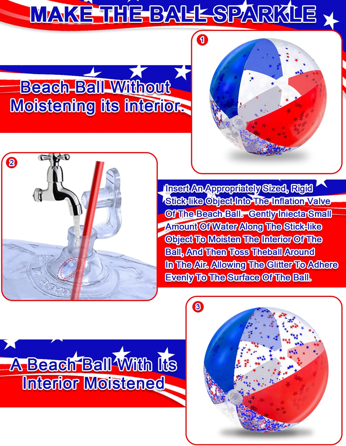 12 Pack 16" Inflatable Patriotic Beach Balls,4th of July Red White and Blue Stars Glitters Beach Ball Bulk,250th Anniversary Pool Toys for Kids & Adults Summer Swimming Pool Beach Party Game Water Toy