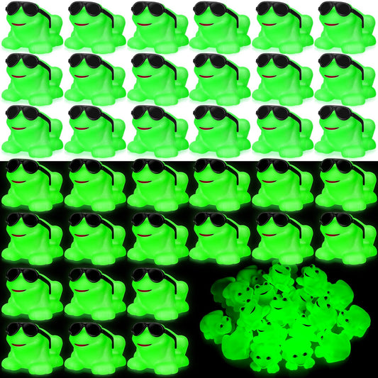 Halloscume 36 Pack Rubber Frogs Squeak and Floating Mini Glow in The Dark Frogs with Glasses Cute Swimming Bathtub Toy for Spring Party Favor