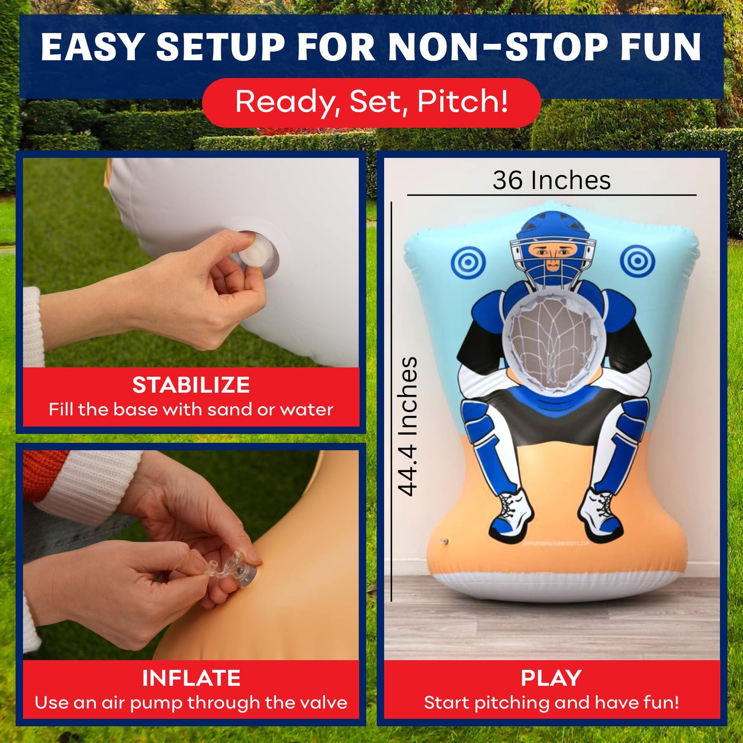 Preferred Toys Inflatable Baseball Pitching Target for Kids 3 and Above - Double-Sided Throwing Toss Game with 4 Soft Balls - Indoor Outdoor Baseball Toys Training Equipment - Red/Blue