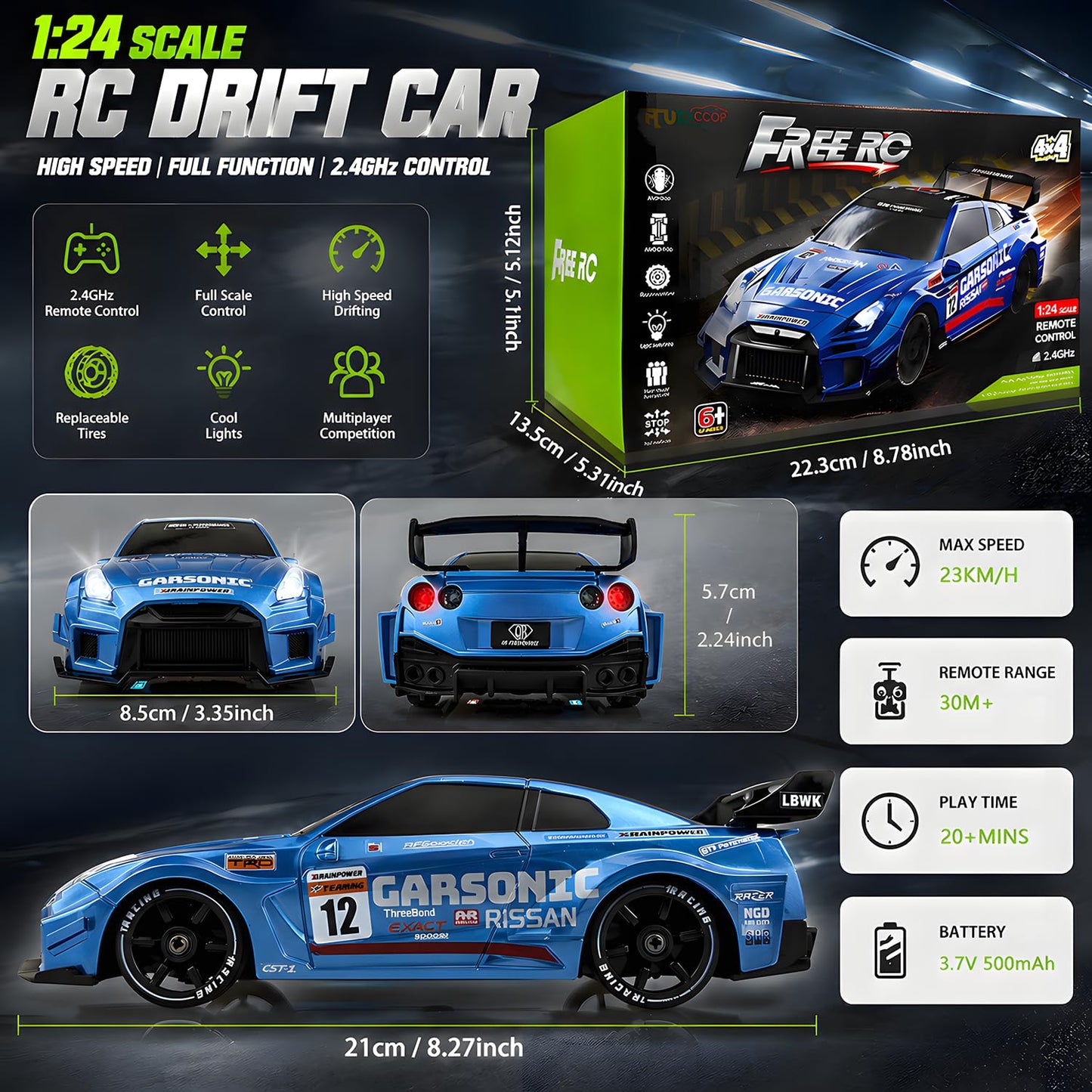 HTURCCOP 1:24 RC Drift 2.4GHz with LED Light Race Car Toys for Boys and Girls Aged 6+ Speed Adjustable up to 23Km/H, High-Speed RC Racing Cars Toy Gift for Boys & Girls (Blue)