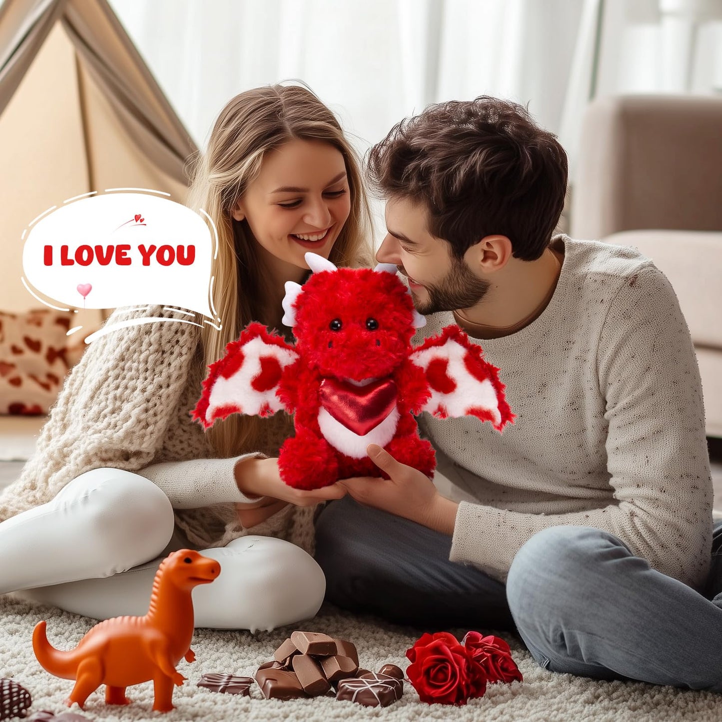 HappySpot Mother's Day Love Dragon Stuffed Animal, Soft Red Dinosaur Plush with Heart, Adorable Flying Dragon Plush Toys for Kids Girlfriend Wife Mother, 10''
