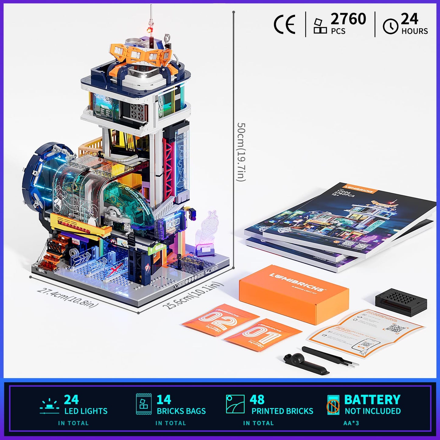 Lumibricks Cyberpunk Floating-Train-Station Lighting-Building-Bricks Set - Cyberpunk City Future Levitation Train Station Street View Collection LED Light Model 2760 Pcs for Adults and Sci-fi Lovers