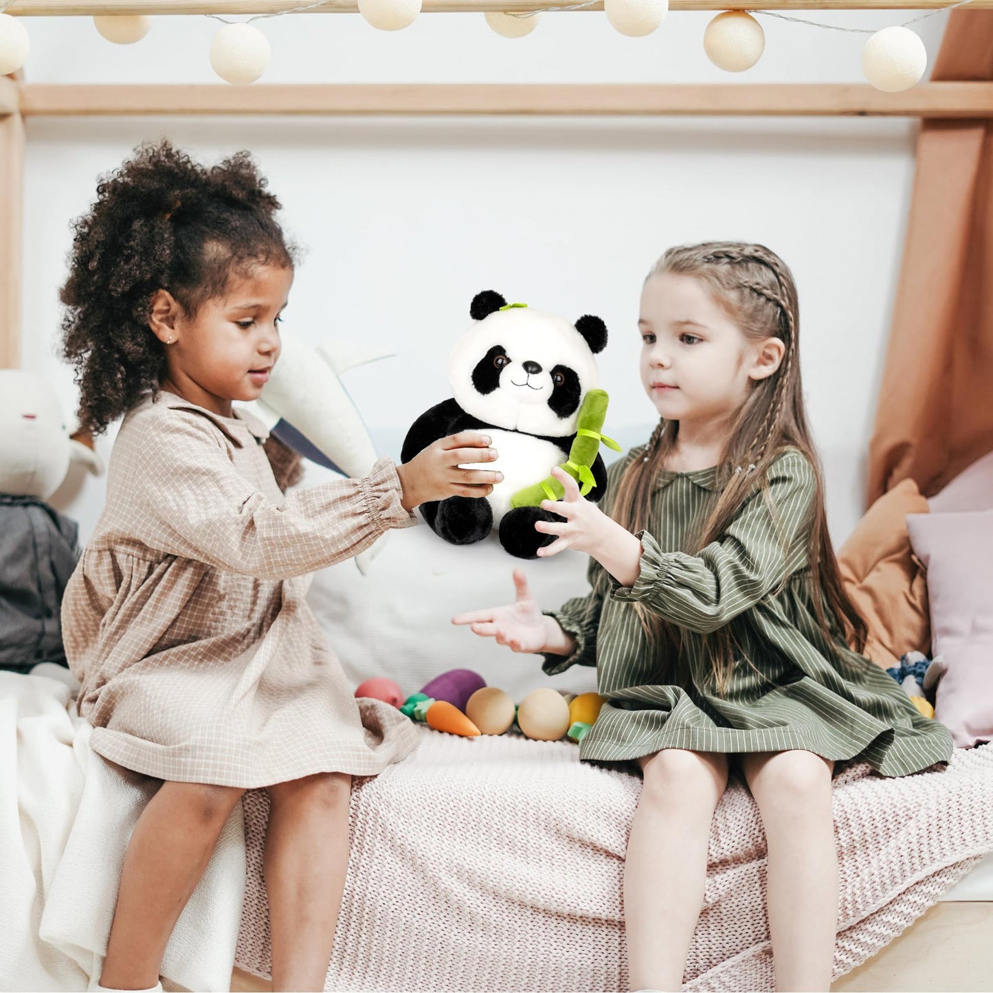 Wanwu World Panda Stuffed Animal 9'' Soft Bear Plush Toys with Bamboo Stuffed Panda Plushies Cute Doll Gifts Black and White (9inch