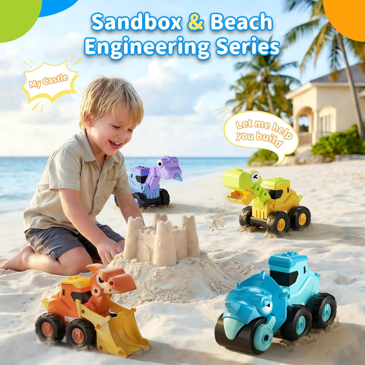 Dimoarch Construction Toys for 2 3 4 5 Year Old Boy Kids Toddlers, Press and Go Dino Truck Construction Vehicle Toys Sandbox Excavator Toys Boy Birthday Gifts
