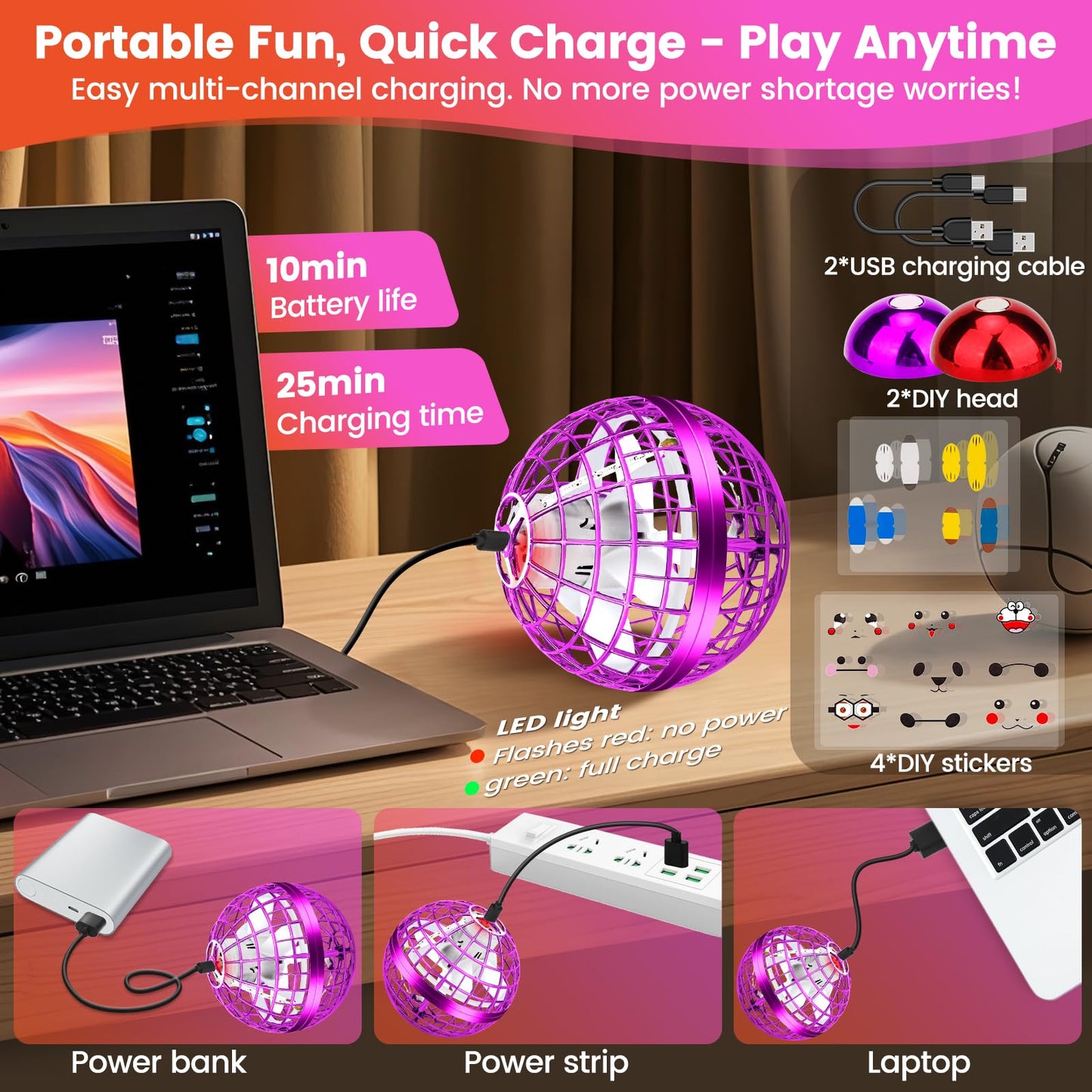 NWLAEWR Flying Orb Ball Toy, 2026 Upgrade Hand Controlled Hover Ball with LED Lights, 360° Rotating Boomerang Globe, Cool Mini Drone, Ideal Birthday&Christmas Gift for Boys Girls-Red & Purple