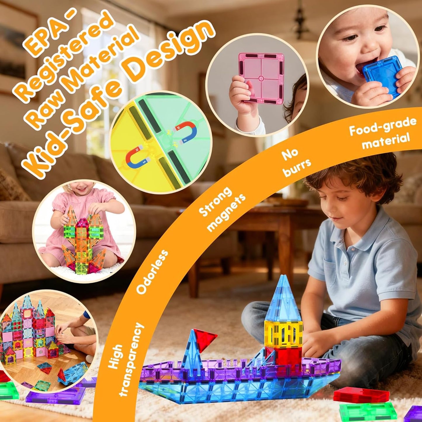 HAPPYMATY Upgraded Antibacterial Magnetic Tiles 124PCS, Including 4 Large Square Tiles, Magnetic Building Blocks, Inhibits Bacterial Growth for Healthier and Safer Play, STEM Educational Toys Set