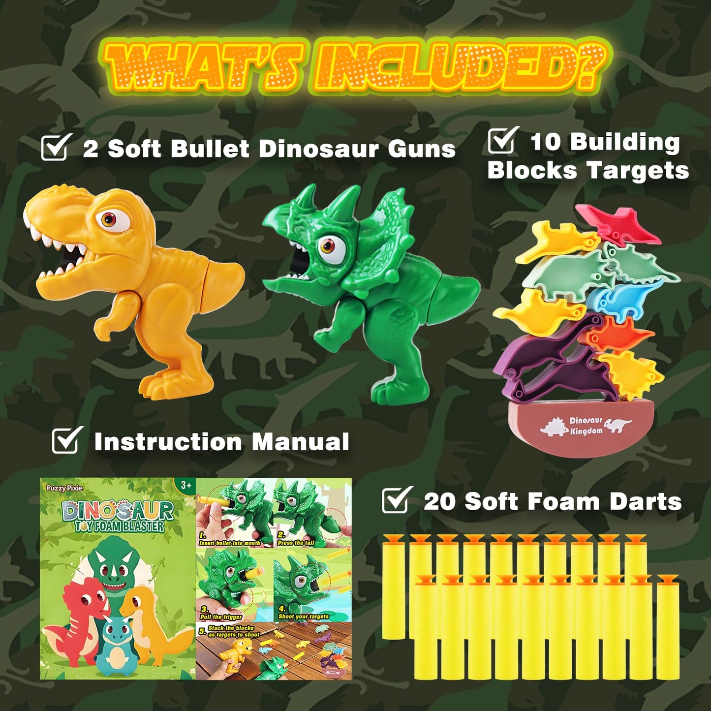 Dinosaur Shooting Game Toy for Kid 3 4 5 6 7 8 Years, 2 Pack Blaster Guns Set, 20 Soft Foam Darts Compatible with Nerf, 10 Building Block Targets, Holiday Party Birthday Gift Child Toddler Boy Girl