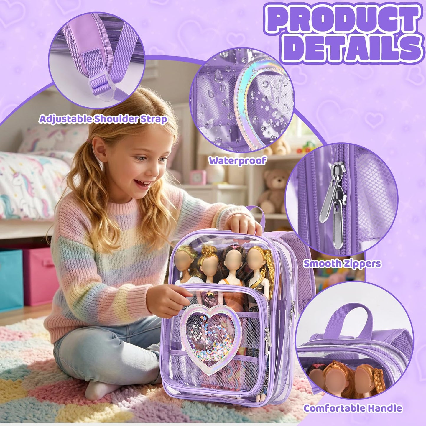 Backpack Compatible with Barbie Dolls 12-Inch, Transparent Storage Box, Barbie Doll Display Holds up to 6 Dolls, Display Pockets for Doll’s Clothes, Accessories, Bag Only (Lavender)