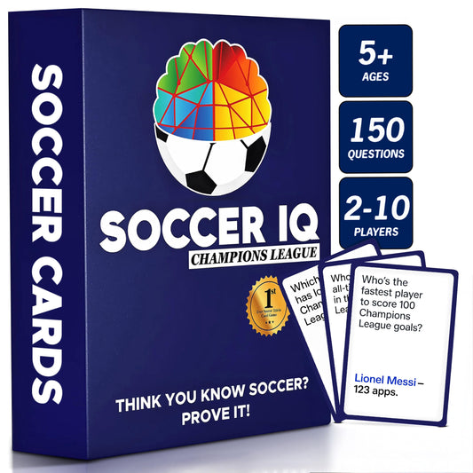 SOCCER IQ Soccer Trivia Card Game Champions League Version – 150 Soccer Trivia Questions, Best Soccer Gifts for Boys | Soccer Games for Kids and Adults | Champions League Soccer Cards | Soccer Gift