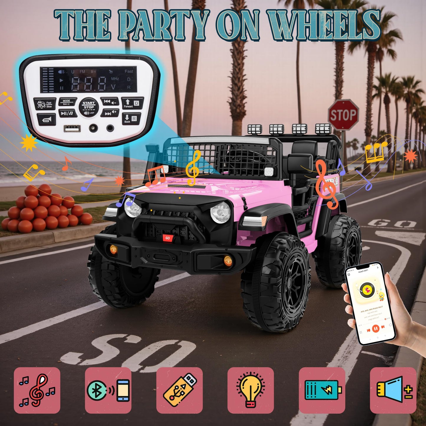 JORFLY 24V Ride on Toys for Big Kids, 20'' 2-Seater Electric Ride On Car Truck w/800W Motors, Remote Control, Mult-Led Lights, 3 Speeds, Bluetooth, Shock Absorption, Power Car Wheels for Kids, Pink