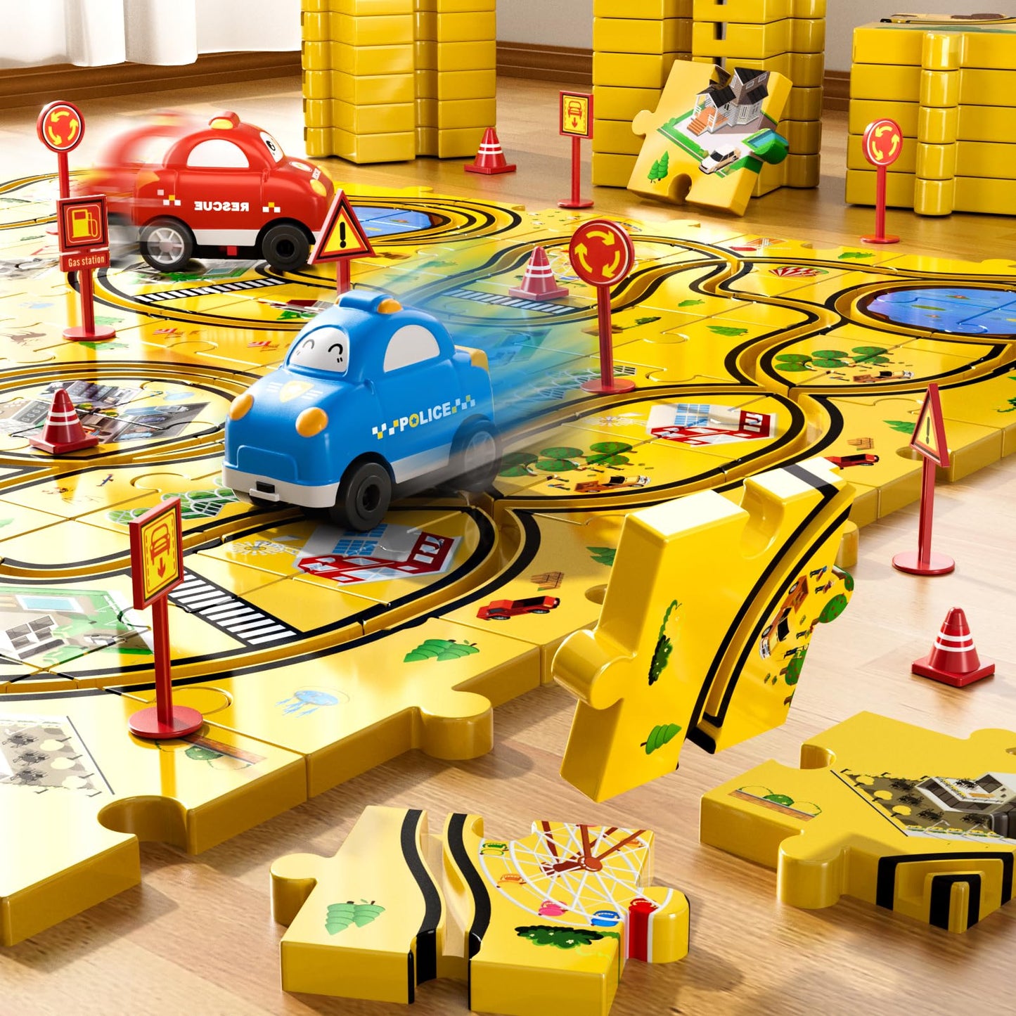 Beby Buty 48PCS Puzzle City Racer Car Track Set Toys for Kids, Toys Gifts for 3 4 5 Year Old Boys, Puzzle Racer Kids Car Track Set Ages 3-5 4-6, 3 4 5 Year Old Boys