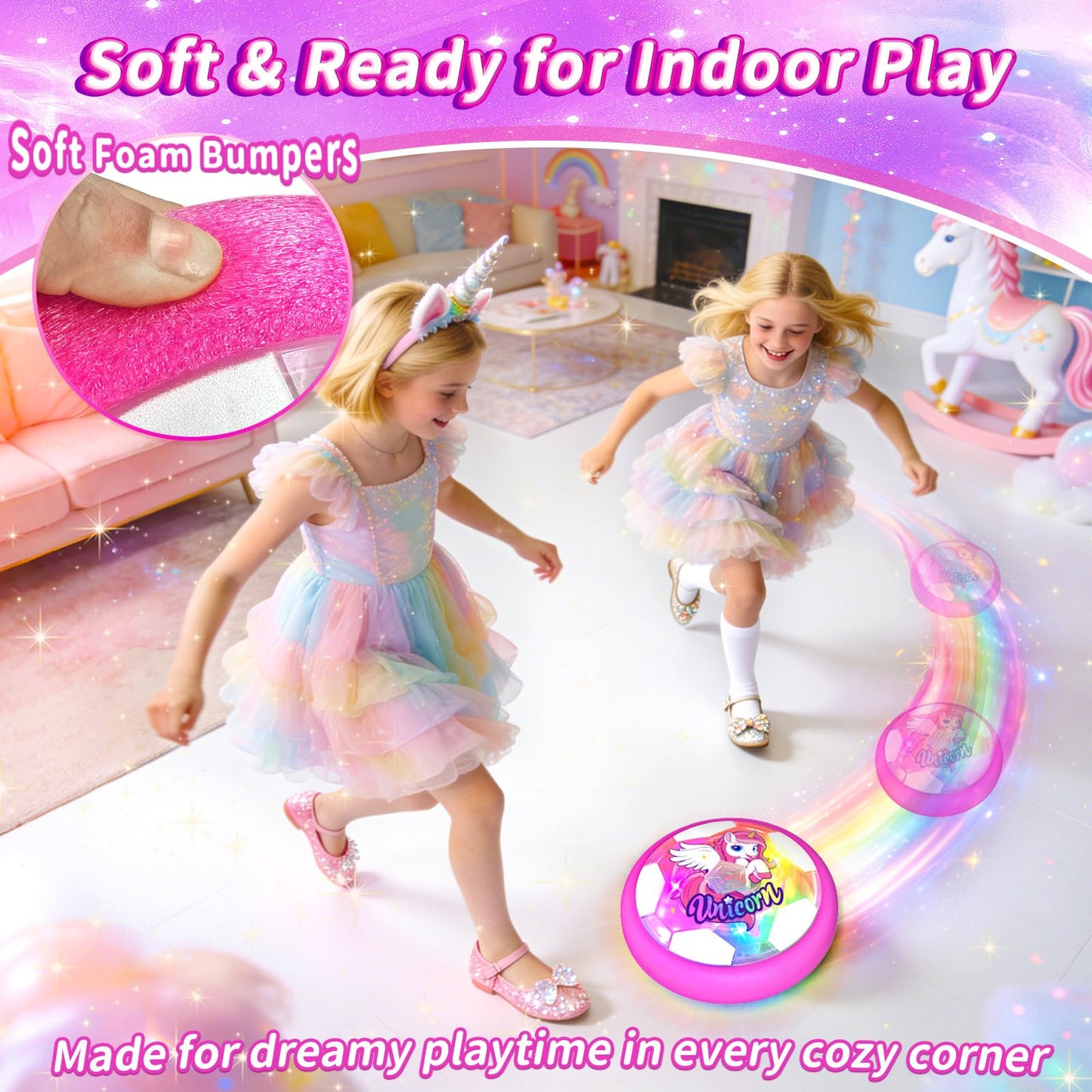 Tqeieu Unicorn Hover Soccer Ball for Girls, Light Up Air Floating Toys for Girls Age 3 4 5 6 7 8 9 10 11 12, Indoor Toy Birthday Gifts, Kids Games with LED Lights Foam Bumper, Kids Stocking Stuffers
