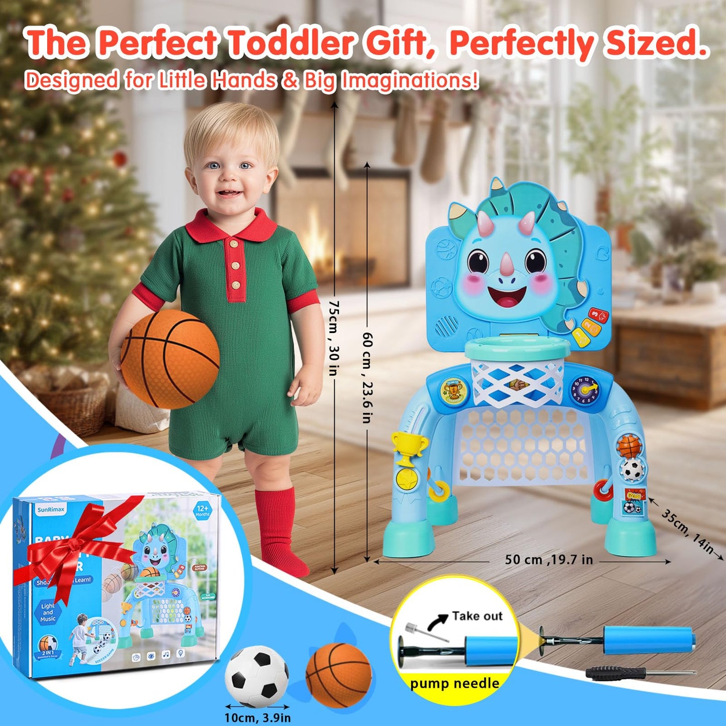 SunRiMax Toddler Basketball Hoop&Soccer Goal,Toys for 1 2 3 Year Old Boys,1+ Year Old Boy Gift 1st Birthday Chirstmas,Dinosaur Baby Sports Toy with Light Sound Music,12-18 Months Baby Activity Center