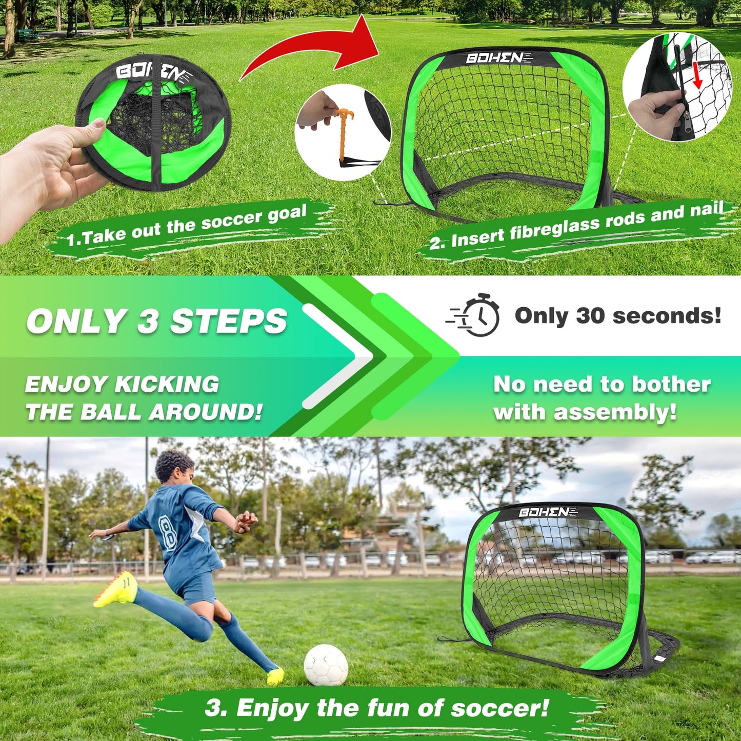 BOHEN Pop Up Soccer Goals for Kids-Foldable Portable Soccer Net for Outdoor Indoor Backyard Beach(3.3x2.2FT,Green)