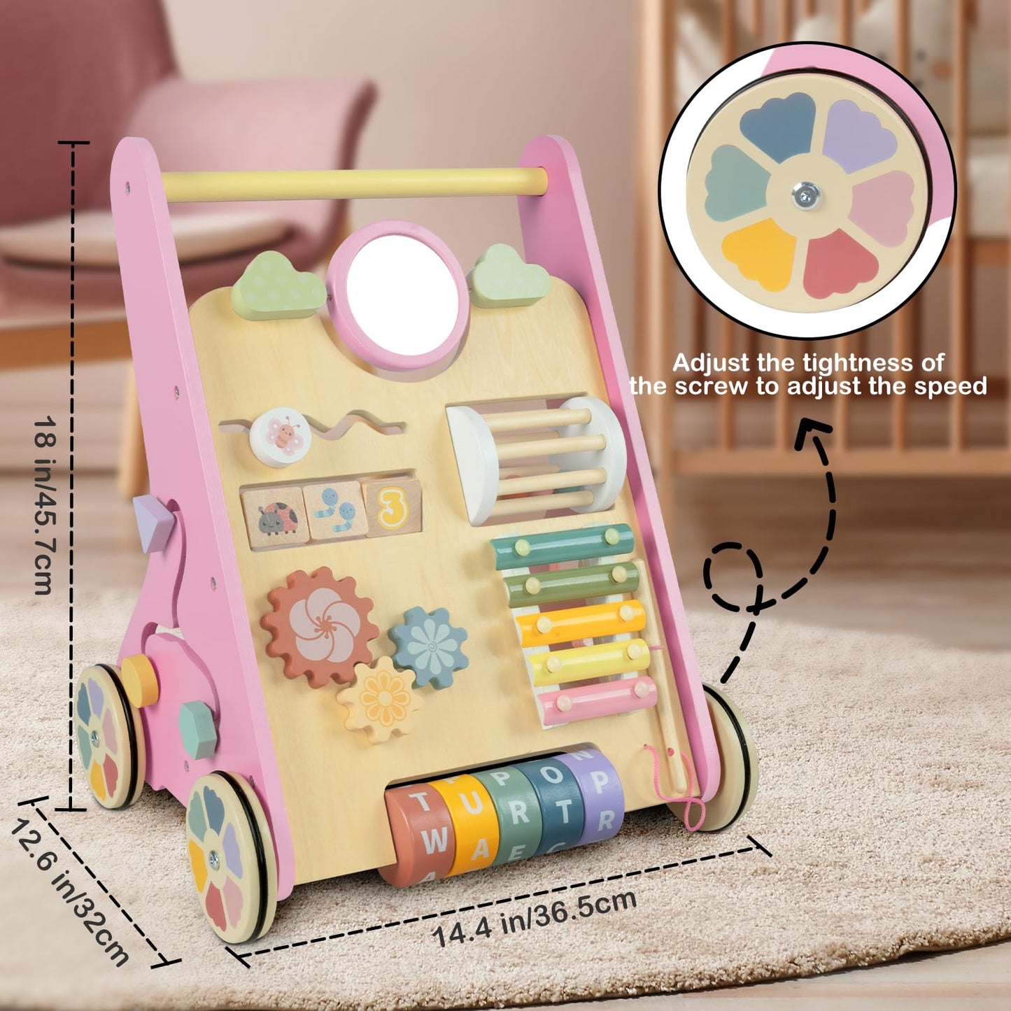 Baby Walker with Wheels, Wooden Push Walker Toys for Babies 10-12 Months, Baby Girl Walking Activity Toys for 1 Year Old