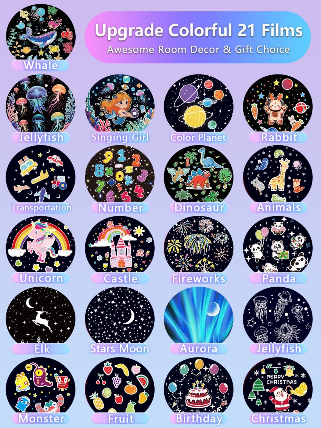 21 Sets of Films, Projector Night Light for Kids Bedroom, Baby Projector for Ceiling, Star Galaxy Night Lights with 360° Rotation Dimmable for Kids Baby Girls, Birthday, Christmas, Nursery, Room Decor