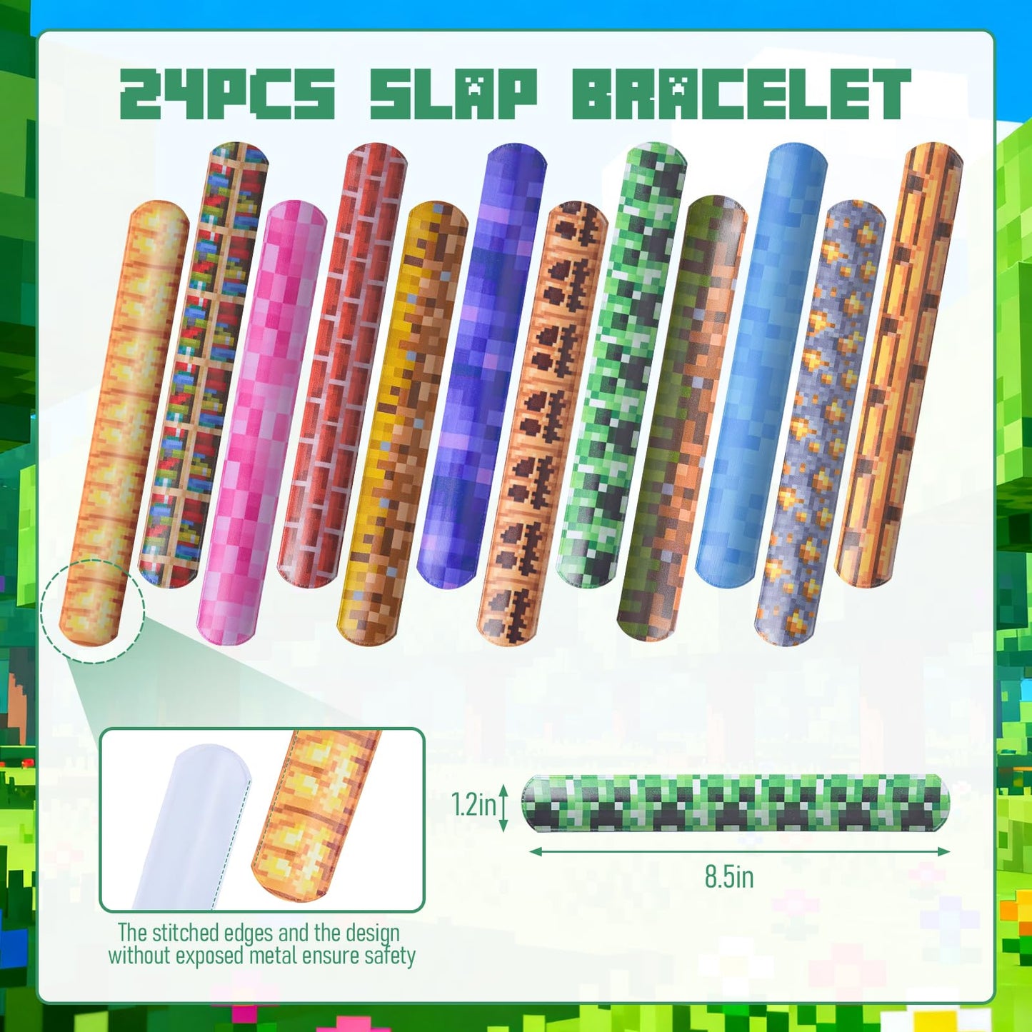 Lottmopi 24 Pcs Pixel Party Favor - Pixel Slap bracelets, Birthday Decorations Party Supplies, Exchanging Gifts Classroom Prizes, Game Theme Decorations (12 Styles)