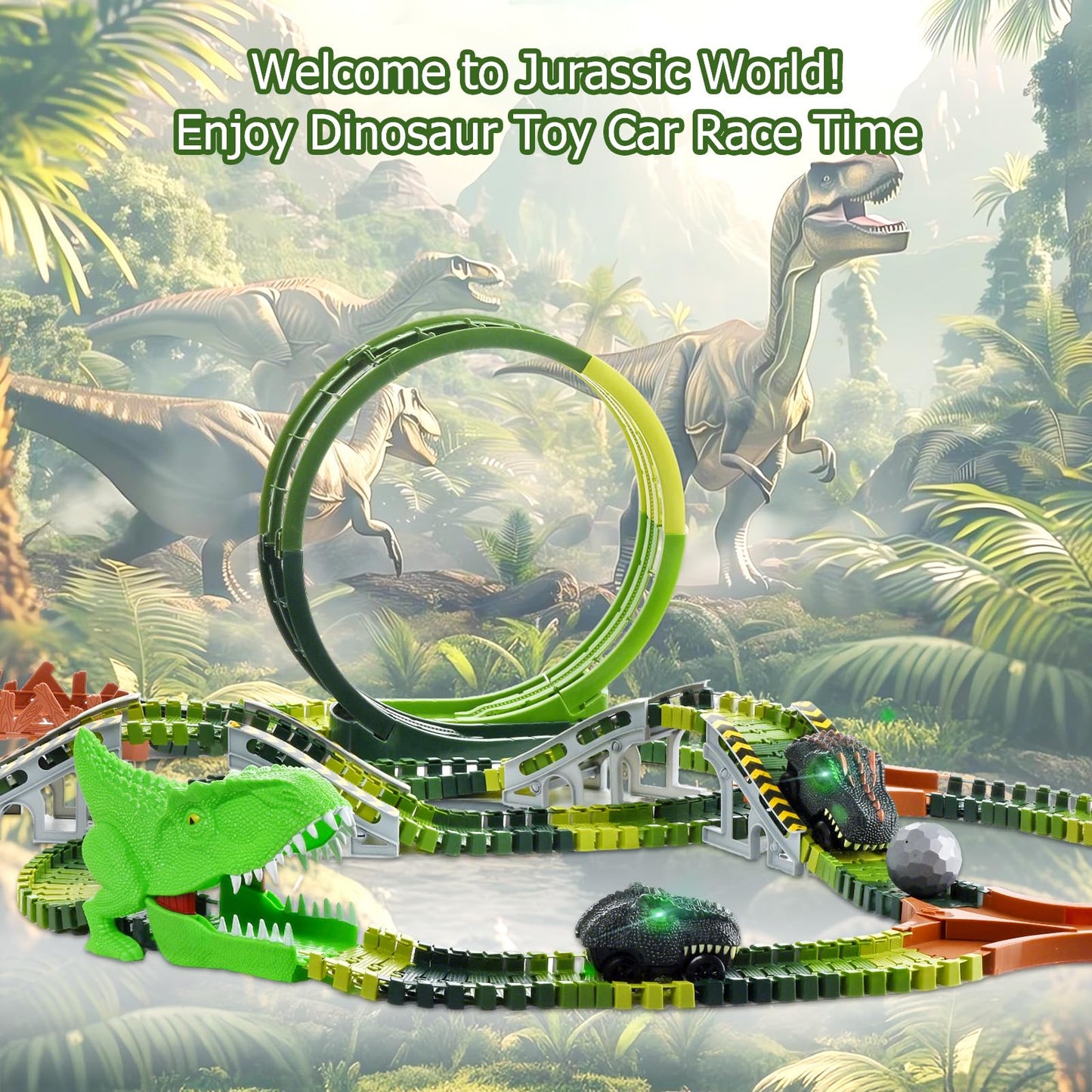 Dinosaur Toys for Kids 3-5, 286 Pcs Create A Dinosaur Toys Race Car for Toddlers, Flexible Track Playset with 2 Dinosaur Cars, Dinosaur Party Favors for 3 4 5 6 Year Old Boys Birthday Gift