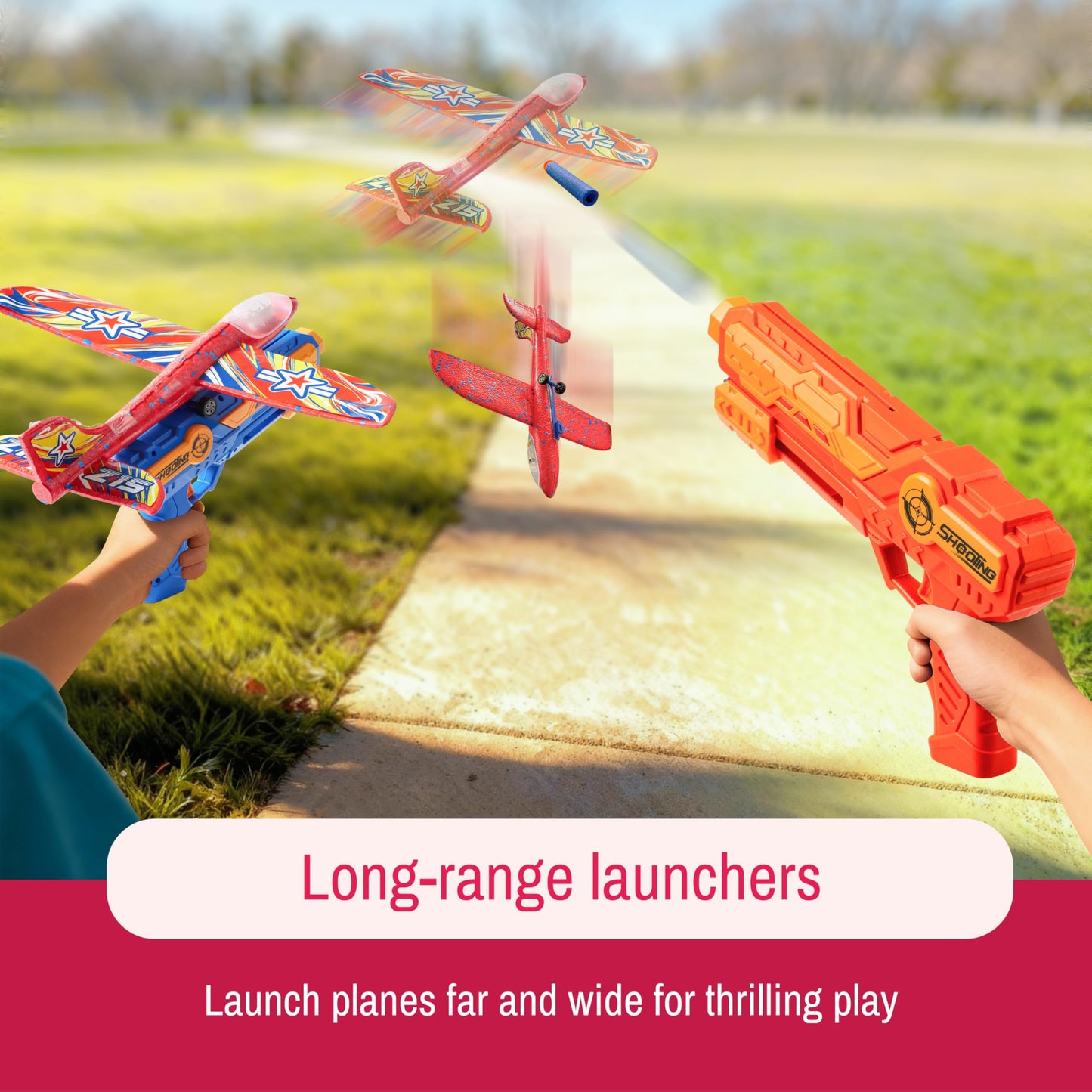 JOYIN 2 Pack LED Foam Glider Airplane Launcher Set, 6 Light-Up Flying Planes with 2 Handheld Launchers, Long Distance Outdoor Flying Game for Teens & Adults (14+)