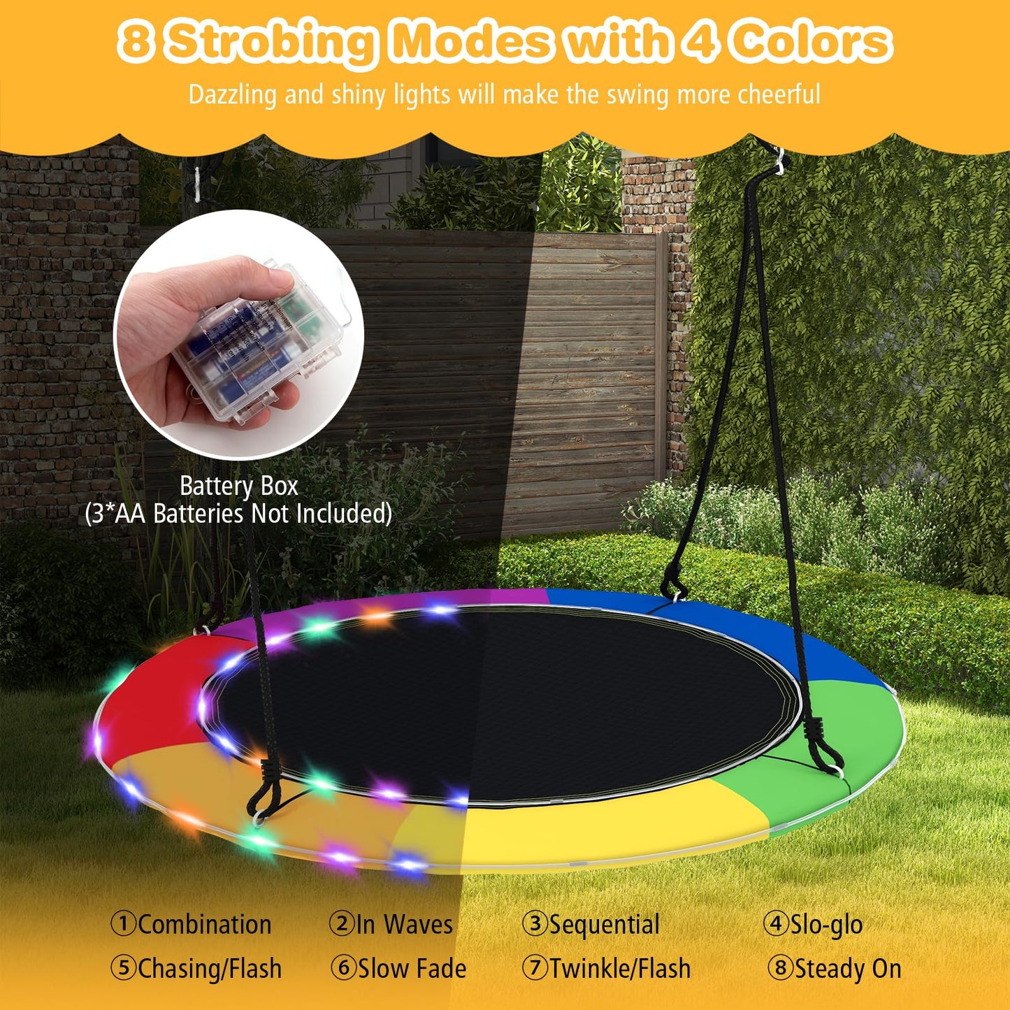 GLACER 40" Flying Saucer Tree Swing, 660 lbs Capacity Indoor Outdoor Hanging Round Swing with LED Lights, Adjustable Hanging Ropes, Ideal Gifts for Kids & Adults (Colorful)