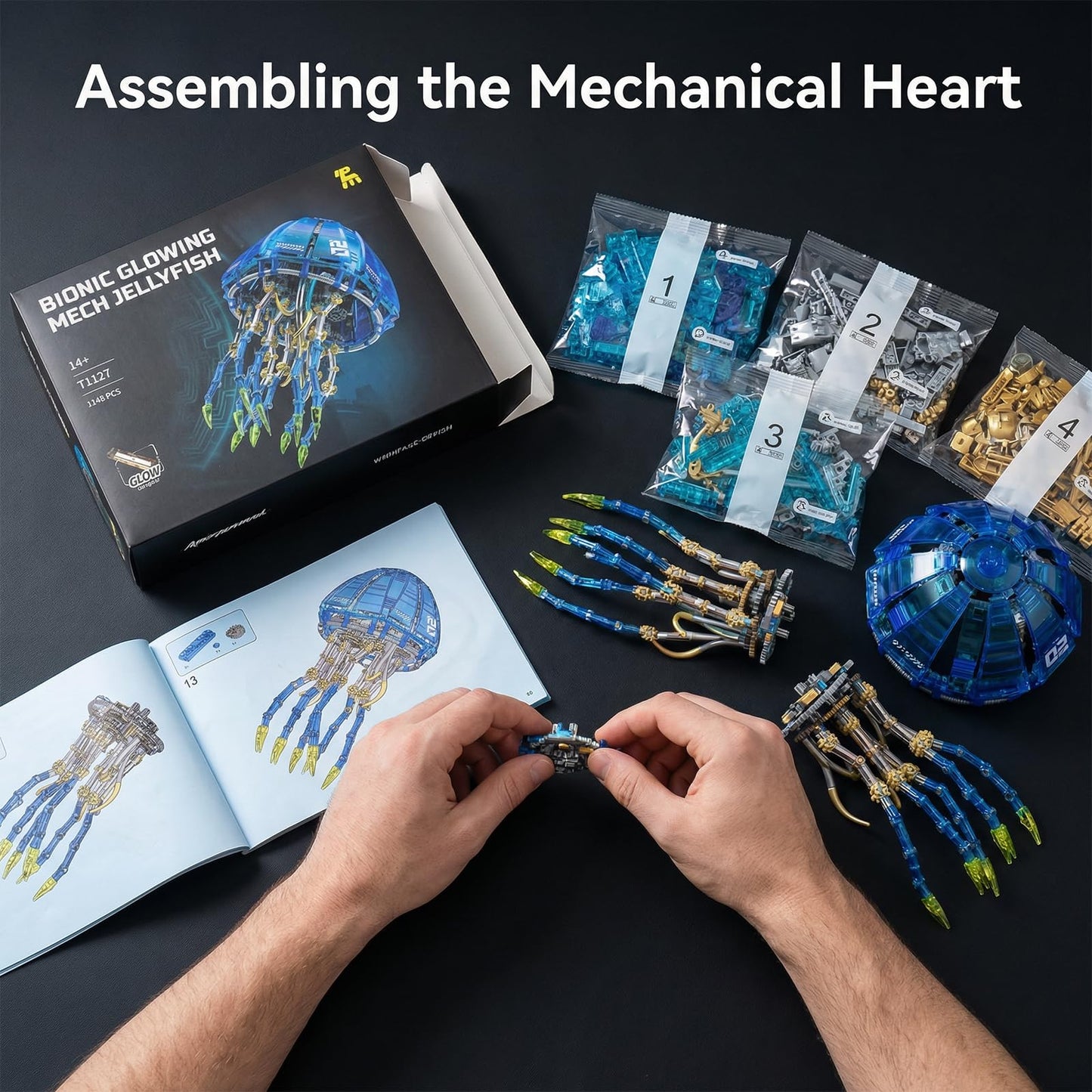Holexapyd Mechanical Ocean Jellyfish Building Sets for Adults, Cyberpunk Sea Animals with LED Lights & Stand, Aquarium Fish Tank Decor, Creative Set (1146 PCS)