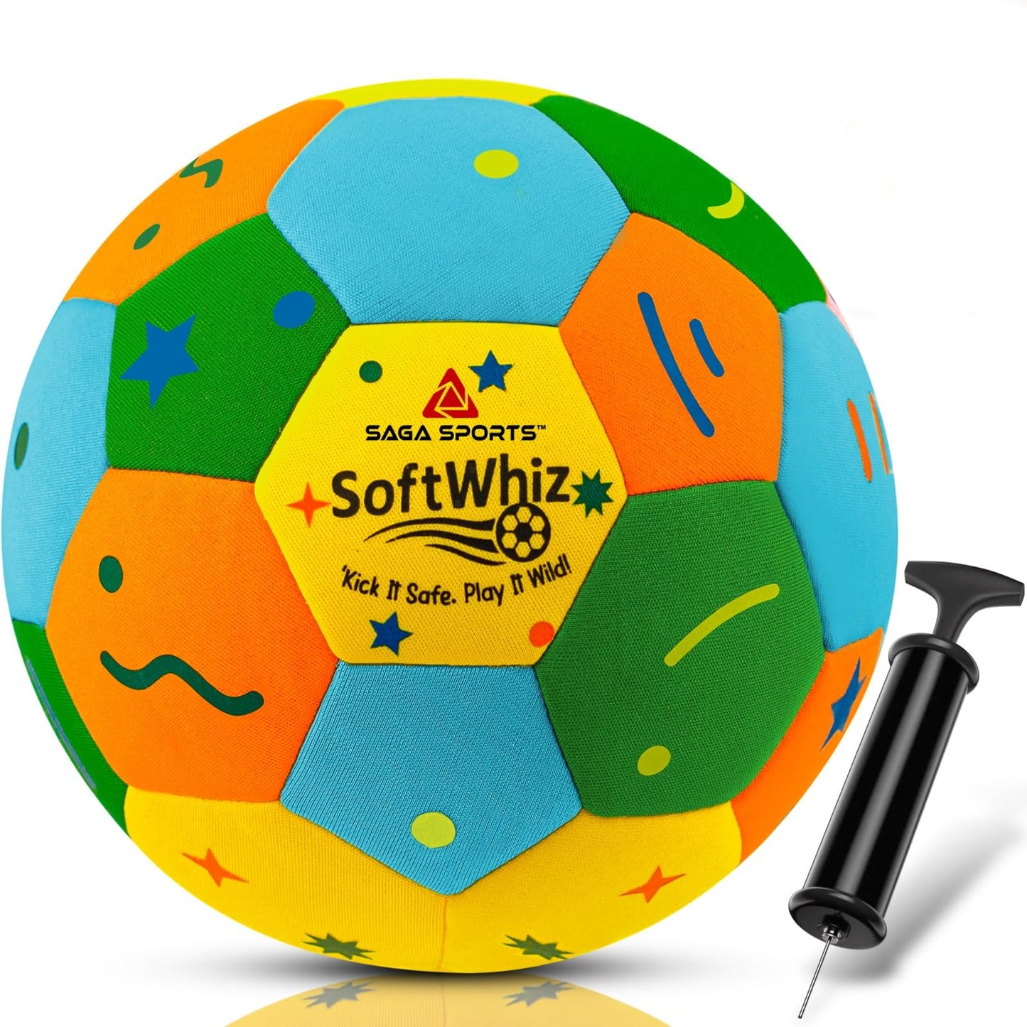 SAGA SPORTS Softwhiz Indoor Soccer Ball Size 4 - Safe and Soft Foam Silent Ball - Indoor Ball Felt-Covered Quiet House Ball with Pump, Mesh Bag & Needle, Ideal for Dribbling, Juggling, Fun, Gifts