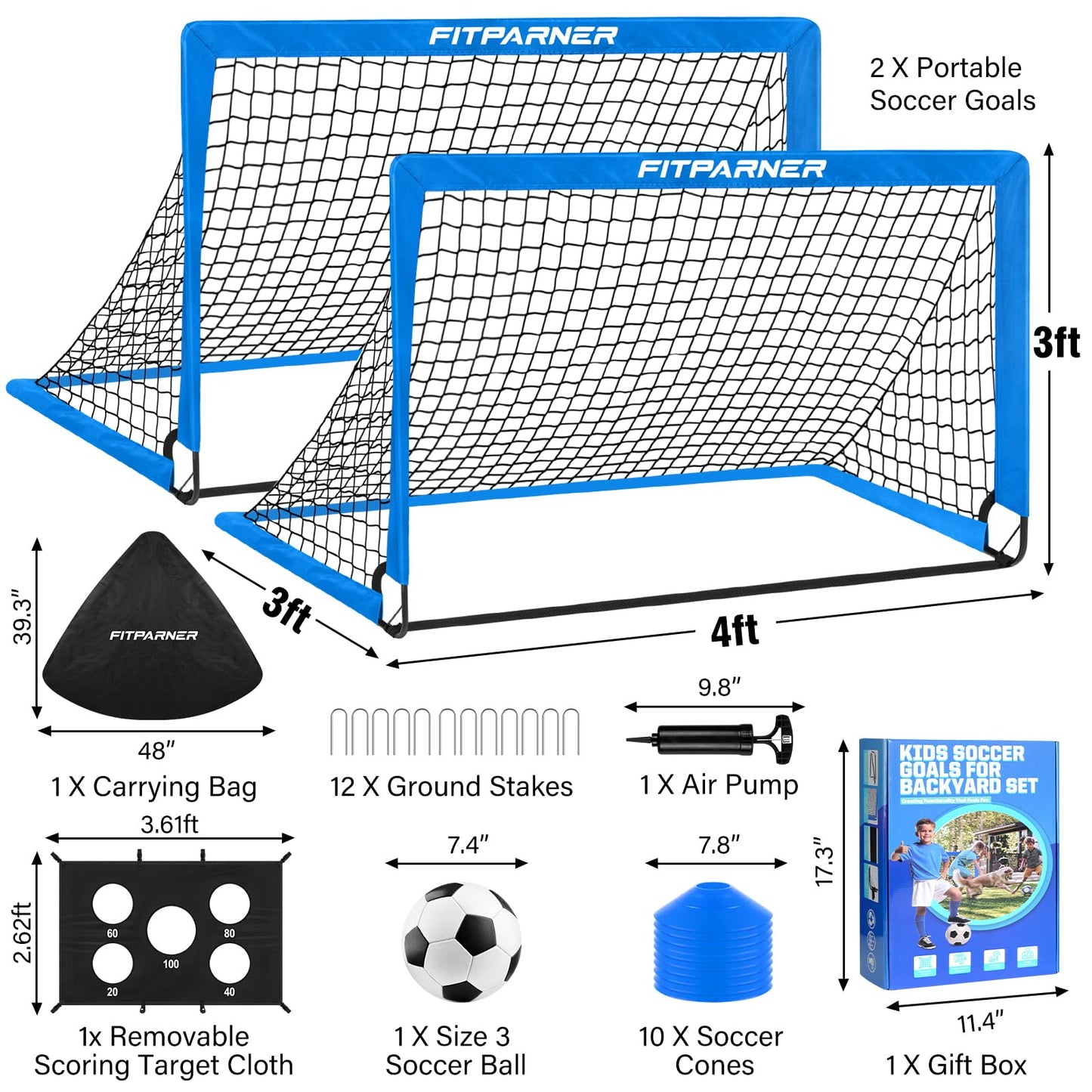 Kids Soccer Goals, 2 Pack 4x3 ft Soccer Nets for Kids Age 3-5 6-8 8-12 10-12-14, Backyard Training Equipment Set with Target, Ball, Cones for Goal Practice,Outdoor Game, Ideal Gift