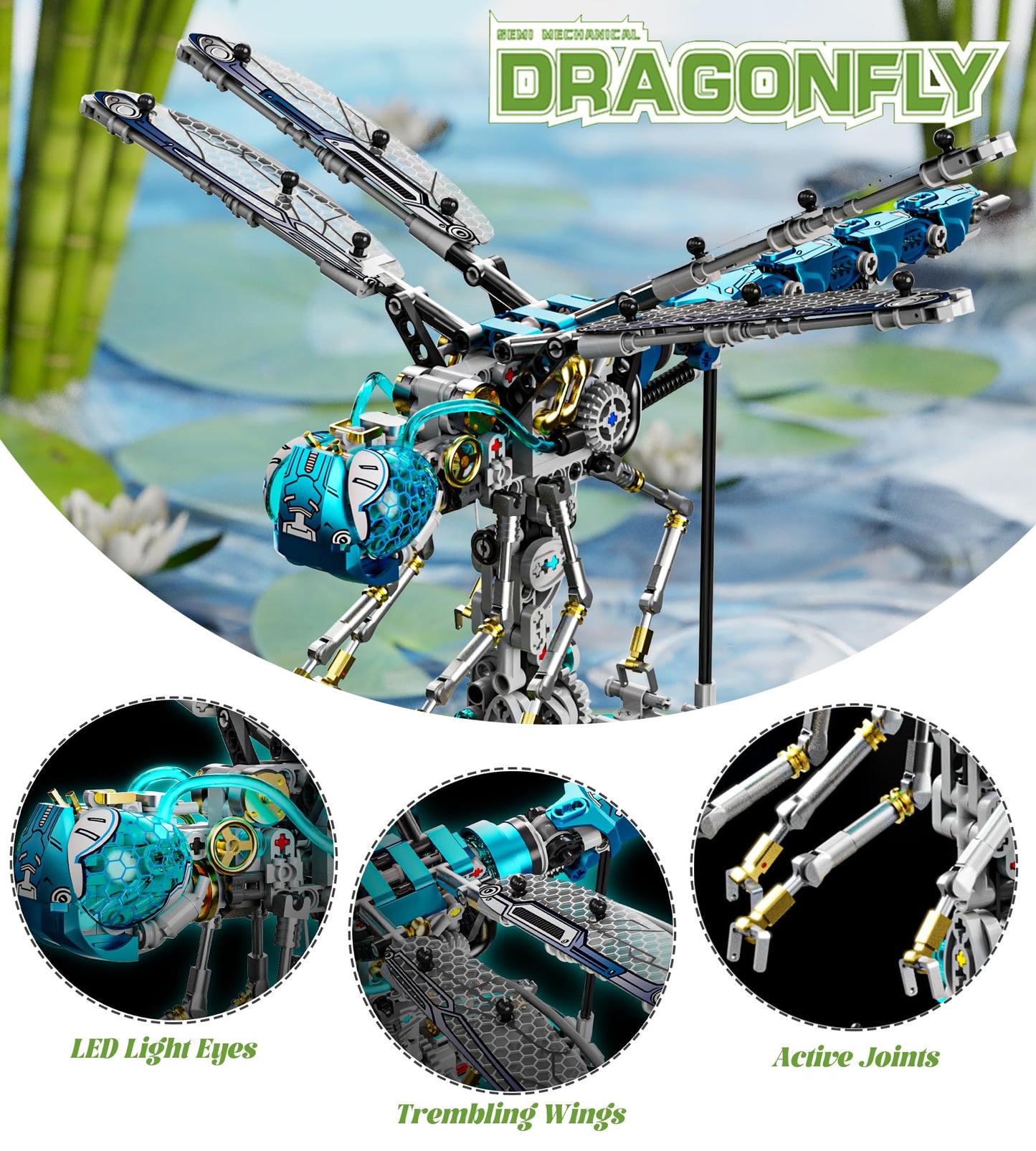 Loyratche Mechanical Dragonfly Building Blocks for Adults, Compatible with Lego, Insect Animal World Model with Light & Display Stand, Educational STEM Toys for Teens Home or Office Décor (866PCS)