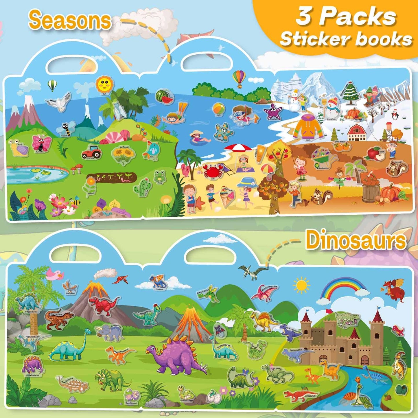 iGetooy 3 Sets Sticker Books for Toddlers 2-4 Years, Reusable Stickers Books for Toddlers 1-3, Travel Toys for Kids 1-3, Airplane Travel Essentials for Kids