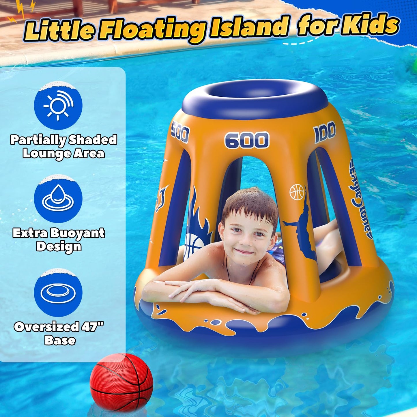 EagleStone Pool Basketball Hoop for Kids 4-8, 8-12 & Adults, 47" Inflatable Floating Basketball Hoop Pool with 3 Balls & Pump, Heavy-Duty Pool Toy for Summer Outdoor Water Games, Family & Party Fun