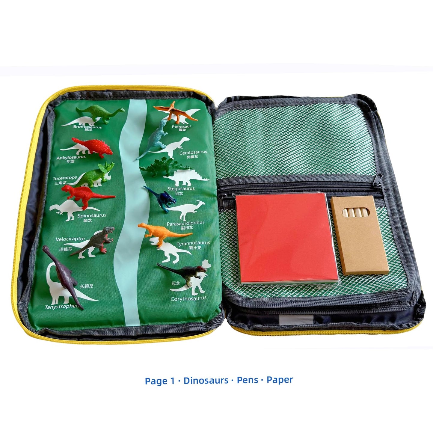 Portable kids toys storage bag with alloy toy cars, simulated dinosaurs, building blocks, base plates and a city road map. Educational travel toy set, suitable as a birthday gift for children aged 3-6
