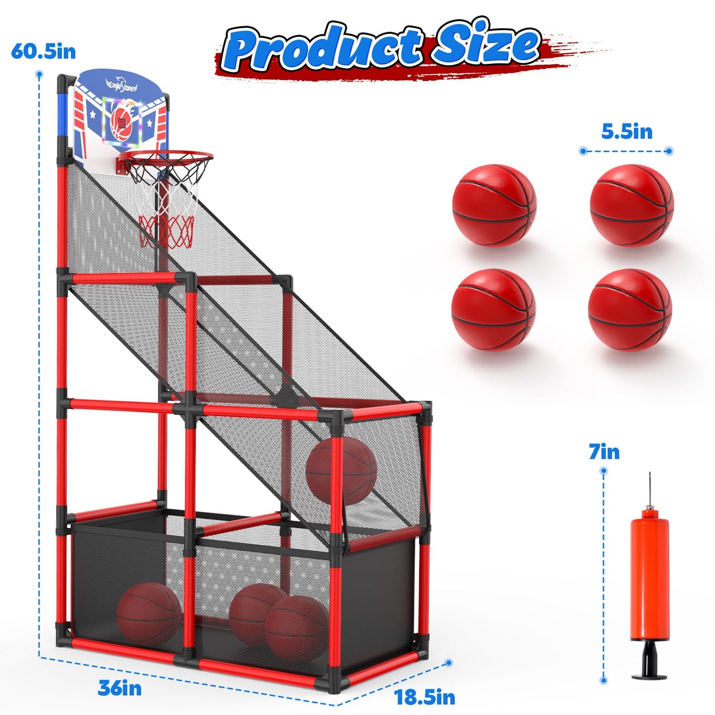 EagleStone Kids Adjustable Arcade Basketball Hoop with LED Lights & Scoreboard, 4 Balls Ball Storage Net, Indoor Outdoor Carnival Basketball Game Set for Boys & Girls Ages 3-12, Pump Included