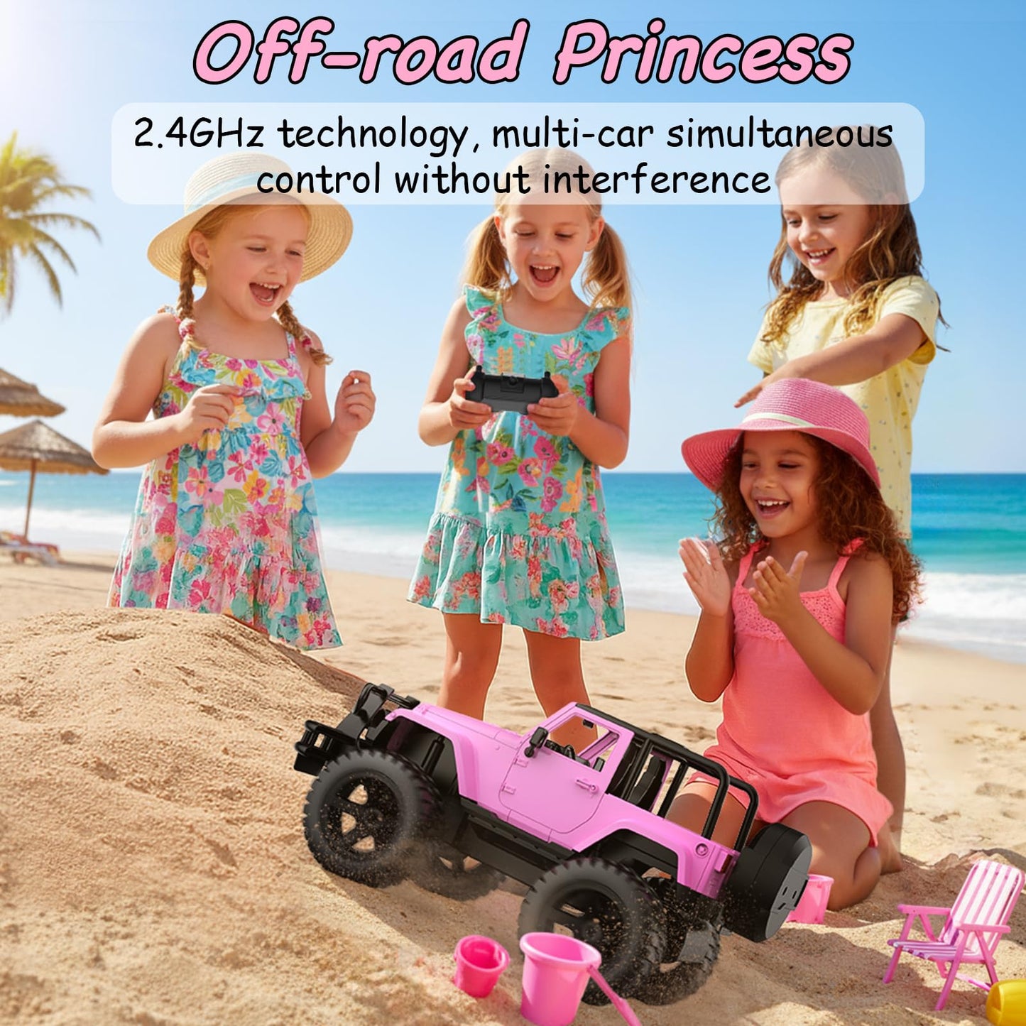 DOUBLE E Jeep Licensed 1:14 Scale Pink Remote Control Car for Girls with 2*DIY Stickers, Open-top Design RC Jeep, 80Min Play 2.4Ghz Off Road RC Trucks with LED Lights, Birthday/Xmas Gifts for Girls 6+