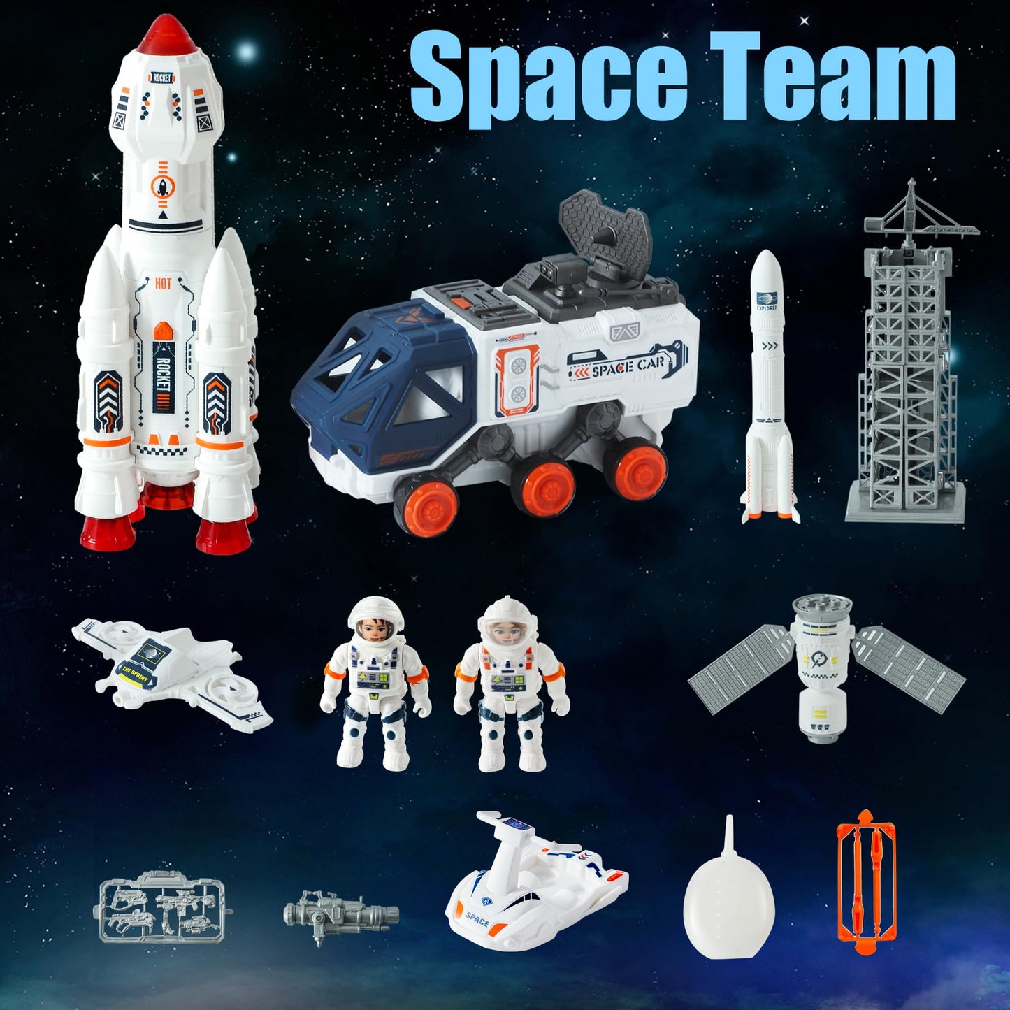 Wbzle Space Ship Toys for Kids, Rocket Toy Set with with Light Sound Spray Effect, Space Set Include Car, Rocket Launcher, Satellites, Outer Space Playset Series