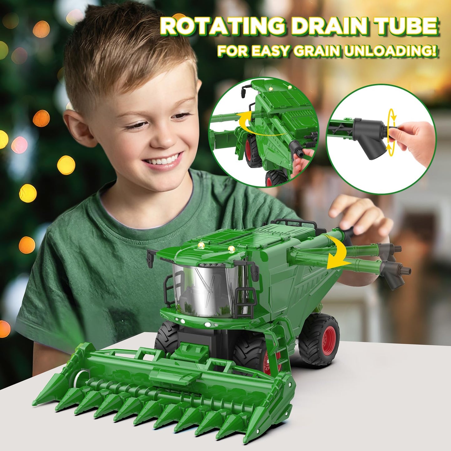 Uarzt Remote Control Combine Harvester Tractor Toy with Corn Head, RC Tractor Toys for Kids 3+, Light/Spray/Sound/1/24 Scale, Farm Toy Combine Harvester for Kids, Christmas Birthday Gift