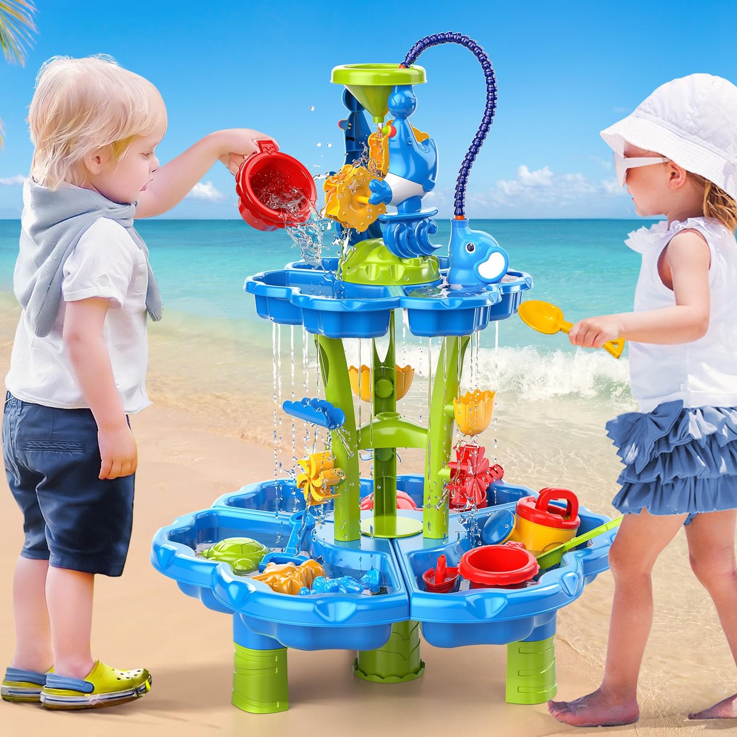 JUKUDAHU Water Table for Kids Ages 3-4 3-5 4-6 4-8 with Water Pumb, Outdoor Sensory Play Table with Beach Toys Accessories Water Waterfall for Boys Girls, Birthday Gifts for Toddlers Age 3 4 5 6 7 8