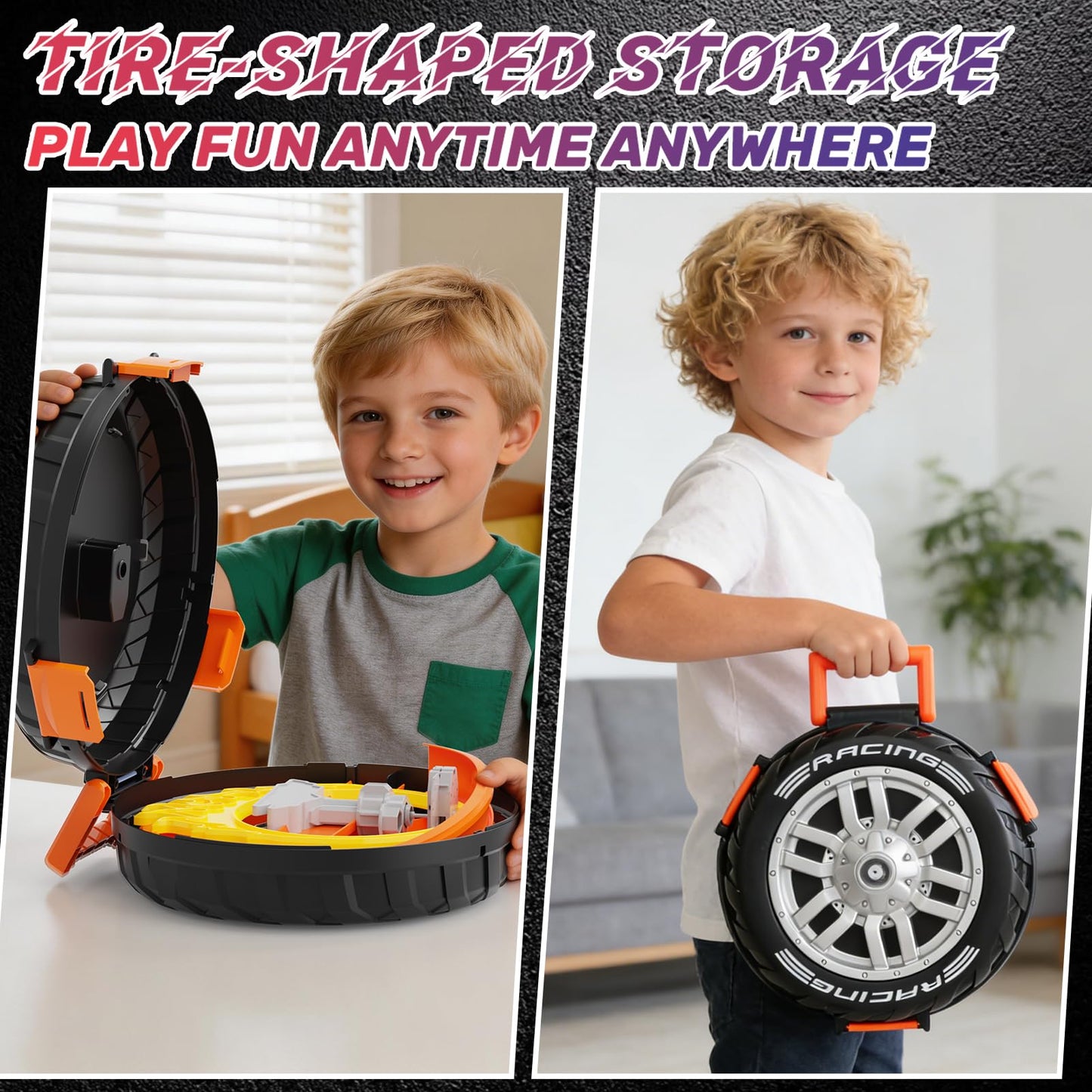 Toy Car Race Track Set for Kids Ages 4-8, Stunt Tire-Shaped Case Transforms into Race Course, 6 Cars in 1:64 Scale, 2 Ways to Play, Action Loop Cyclone Challenge & Speed Snap Track