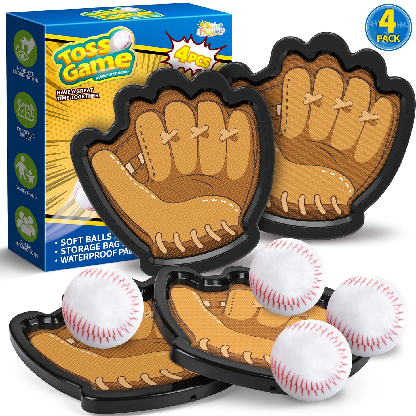 SpringFlower 4 Pack Catch and Toss Ball Game,Toddler Baseball Catch and Toss Ball Set,Outdoor Sport Yard Beach Pool Game Toy,Boys & Girls Toy for Kids Toddlers, Fun Idea Gift for Kids